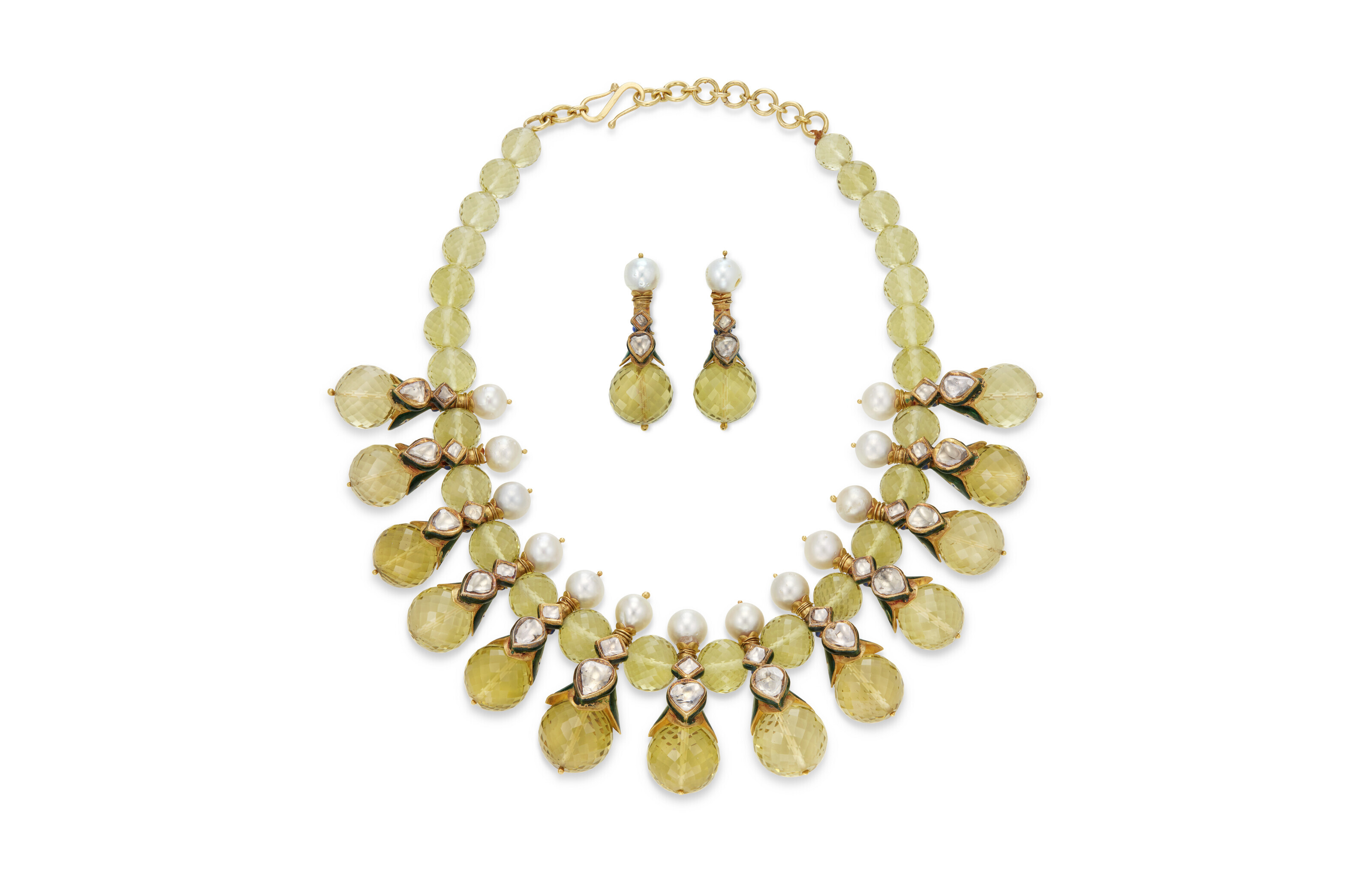 A SET OF INDIAN QUARTZ, DIAMOND, CULTURED PEARL AND ENAMEL JEWELRY