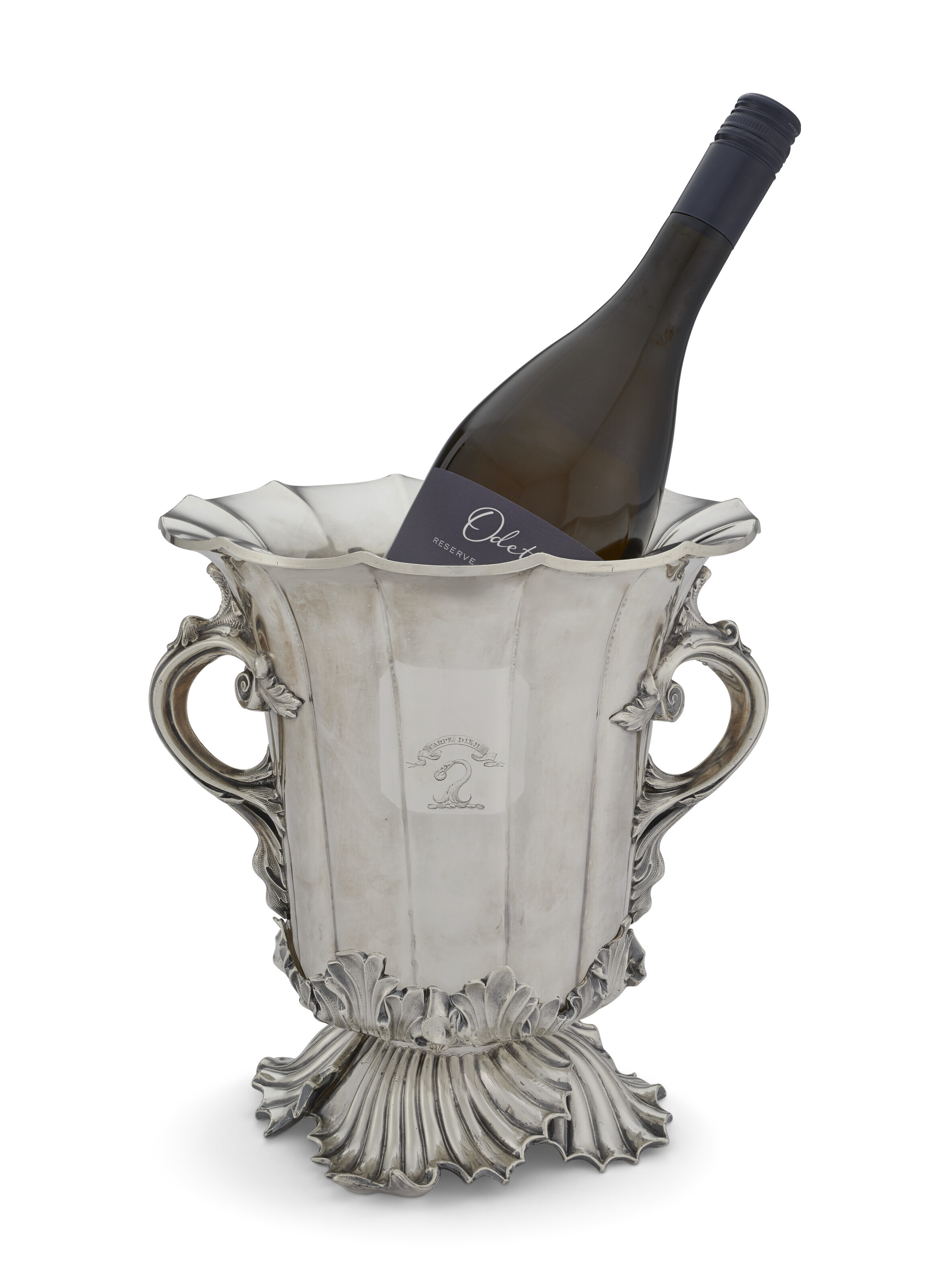 A SHEFFIELDPLATED TWOHANDLED WINE COOLER, MAKER'S MARK A FLOWERHEAD
