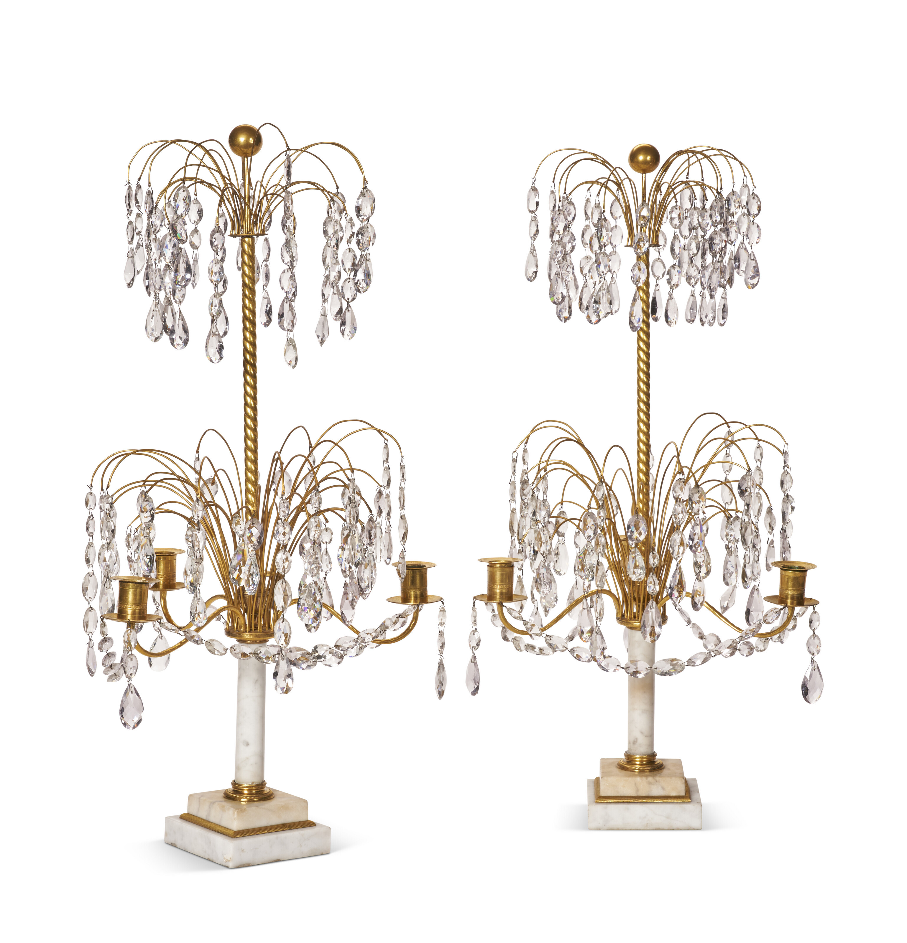 Pair of Early 19th Century Swedish Crystal Candelabra on White Marble Bases