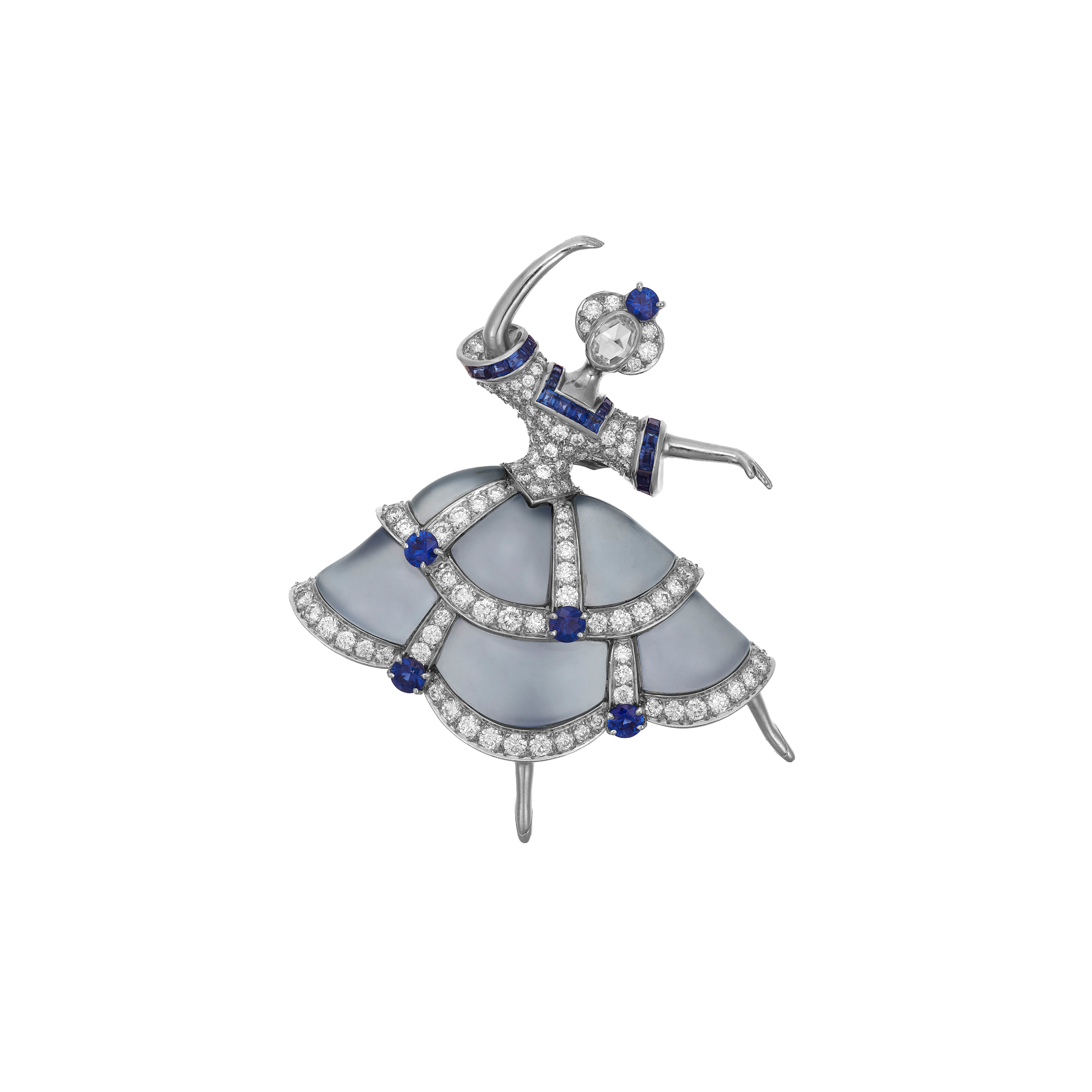 A Van Cleef &amp; Arpels chalcedony, diamond and sapphire &lsquo;Ballerina&rsquo; brooch. Sold for $151,200 on 8 June 2022 at Christie&rsquo;s in New York