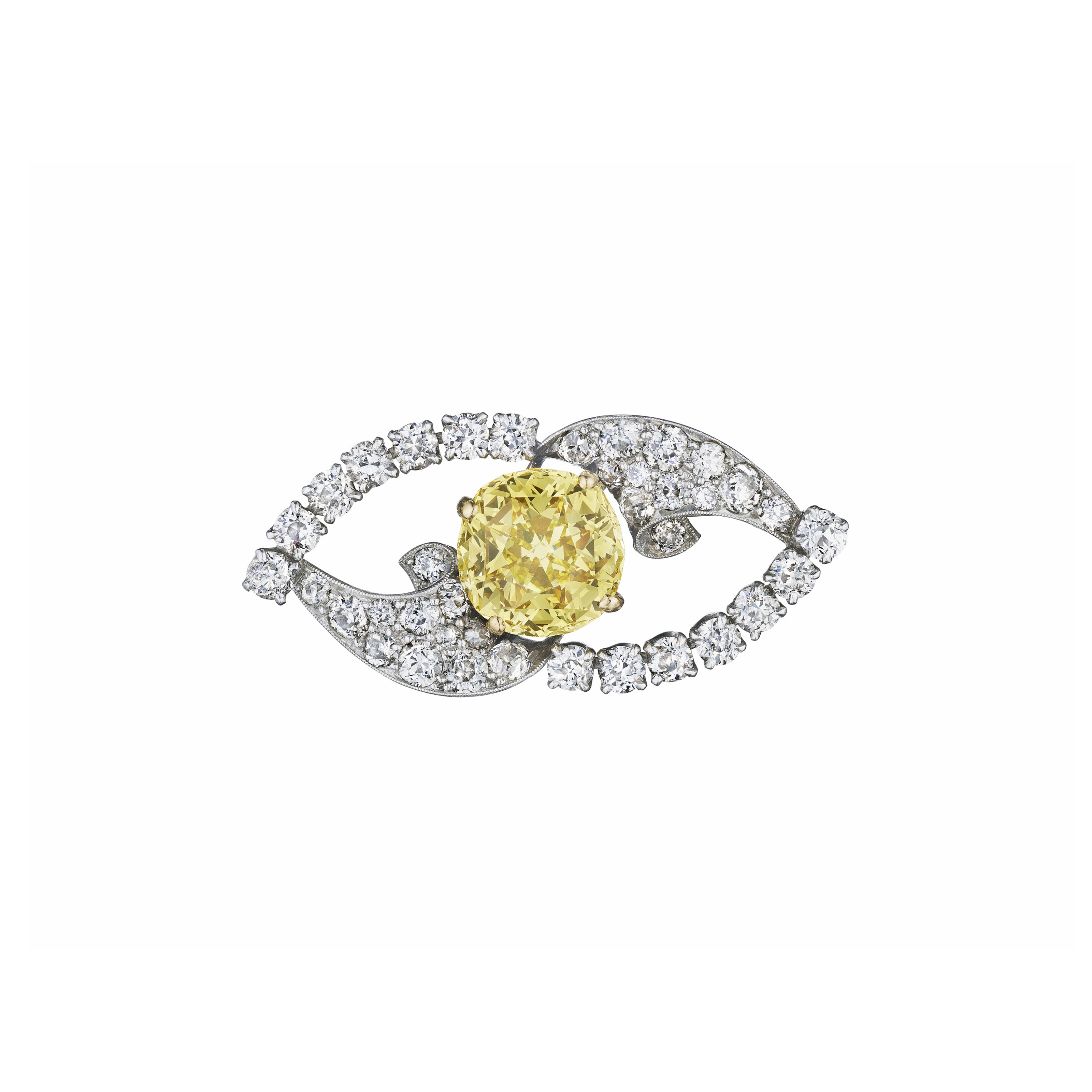 RAYMOND YARD ART DECO COLORED DIAMOND AND DIAMOND BROOCH