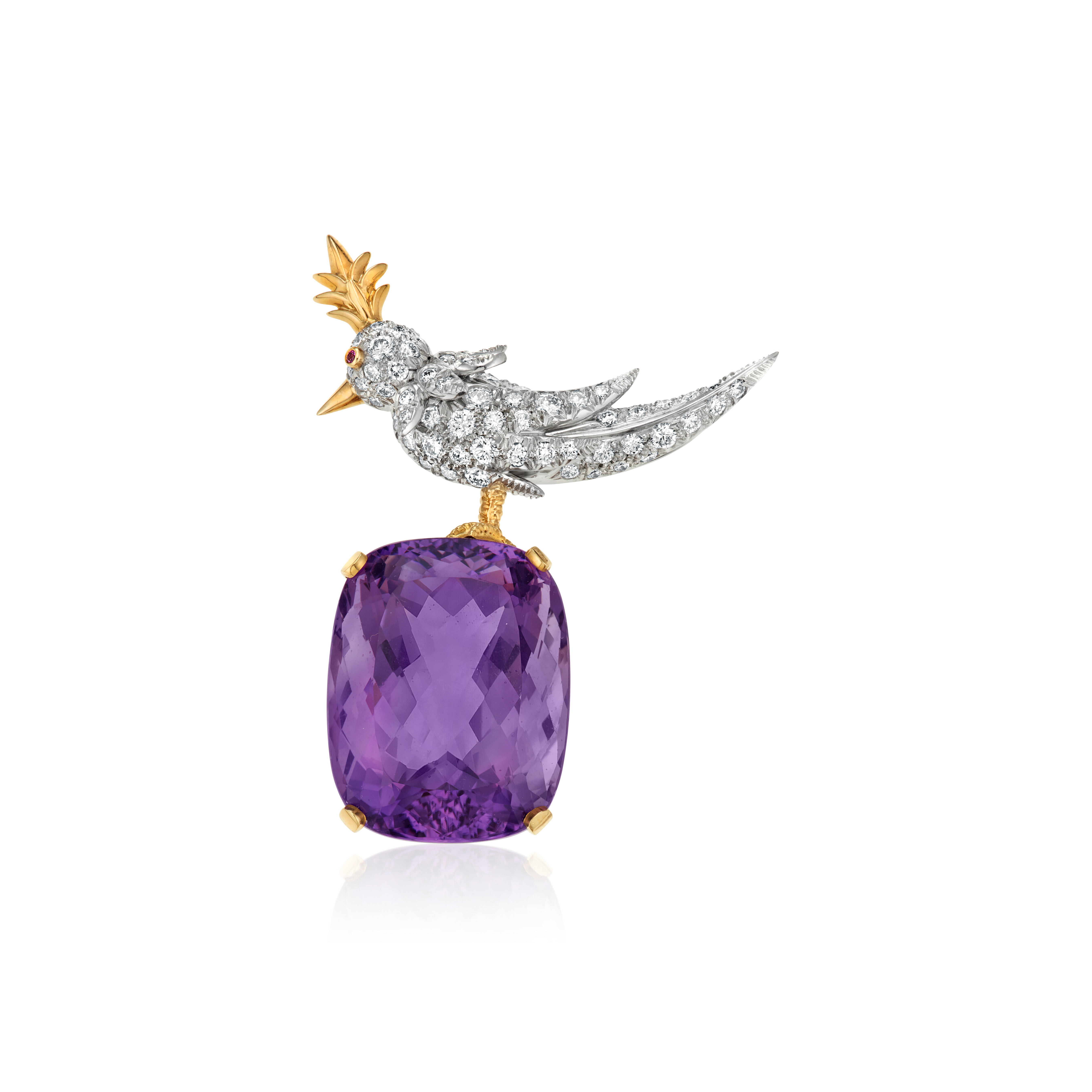 TIFFANY CO. JEAN SCHLUMBERGER AMETHYST DIAMOND AND RUBY BIRD ON A ROCK BROOCH