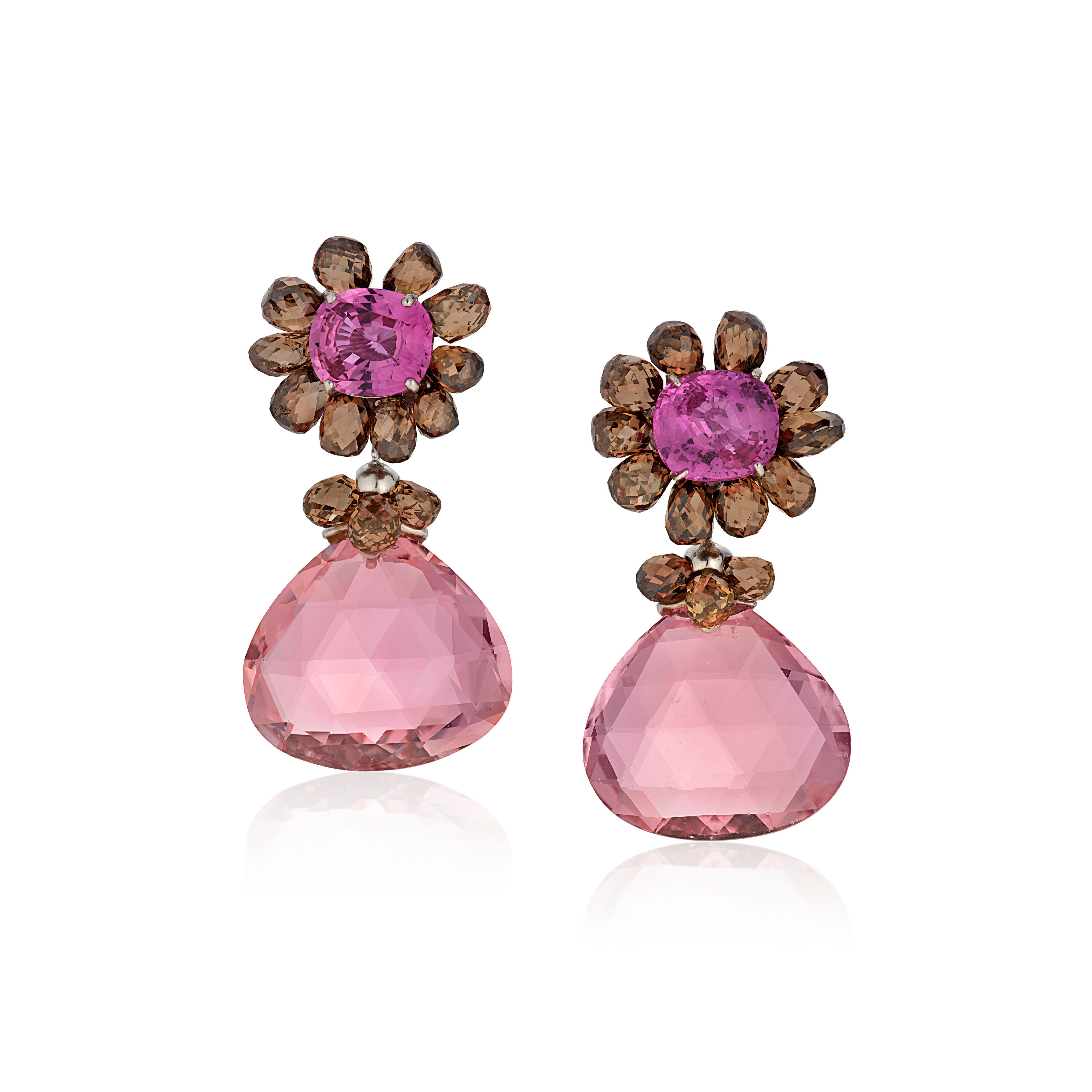 NO RESERVE TAFFIN COLORED SAPPHIRE COLORED DIAMOND AND PINK TOURMALINE EARRINGS