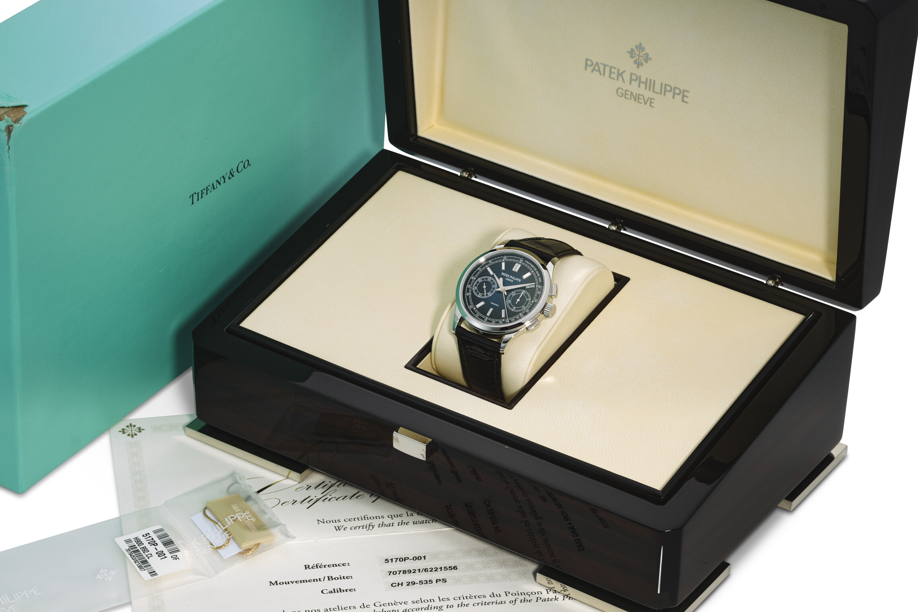 PATEK PHILIPPE REF. 5170P 001 A PLATINUM CHRONOGRAPH WRISTWATCH WITH DIAMOND INDICES RETAILED SIGNED BY TIFFANY CO. Christie s