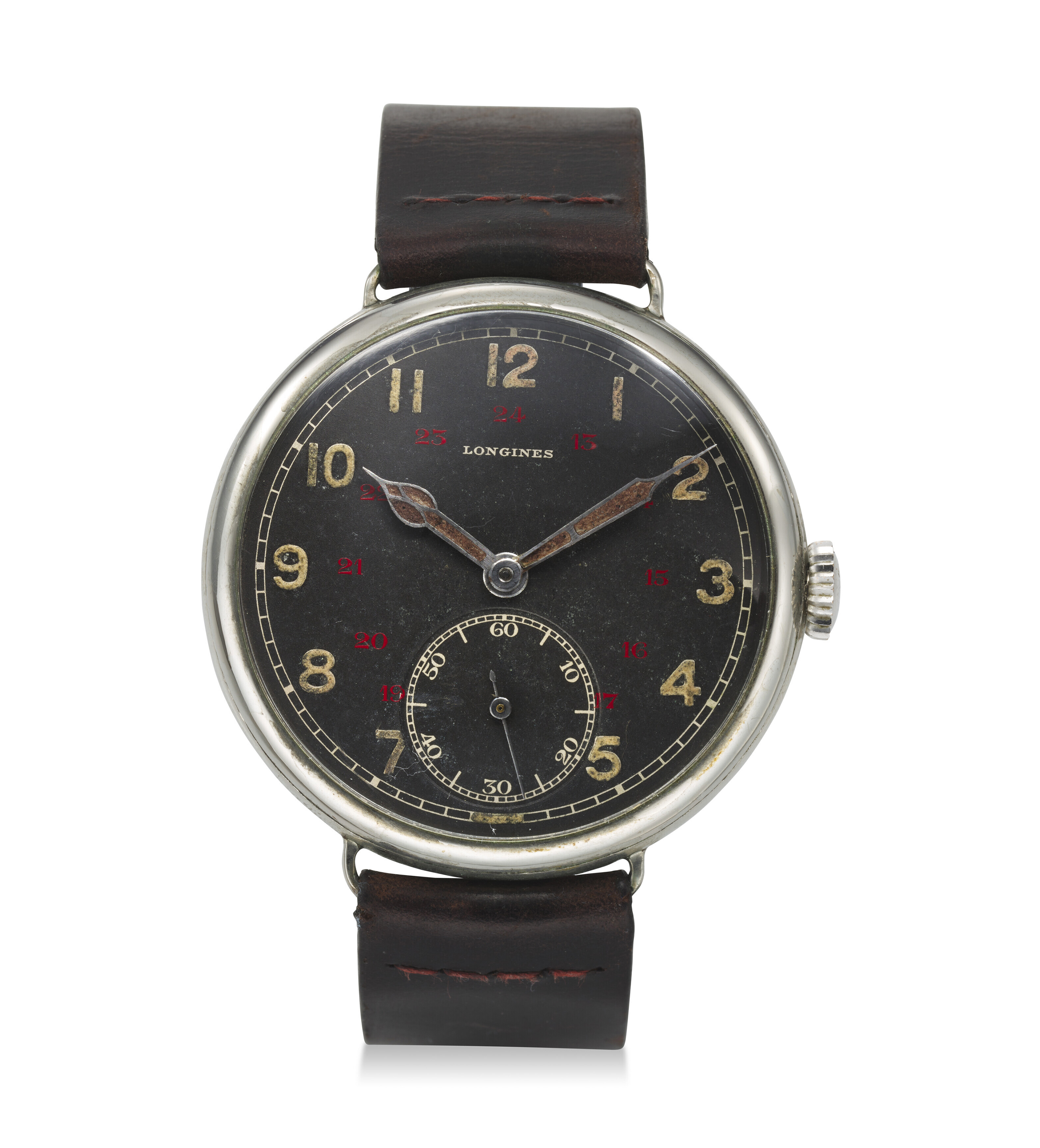 LONGINES AN OVERSIZED CHROME WRISTWATCH WITH SUBISIDIARY SECONDS AND OFFICER S CASEBACK Christie s