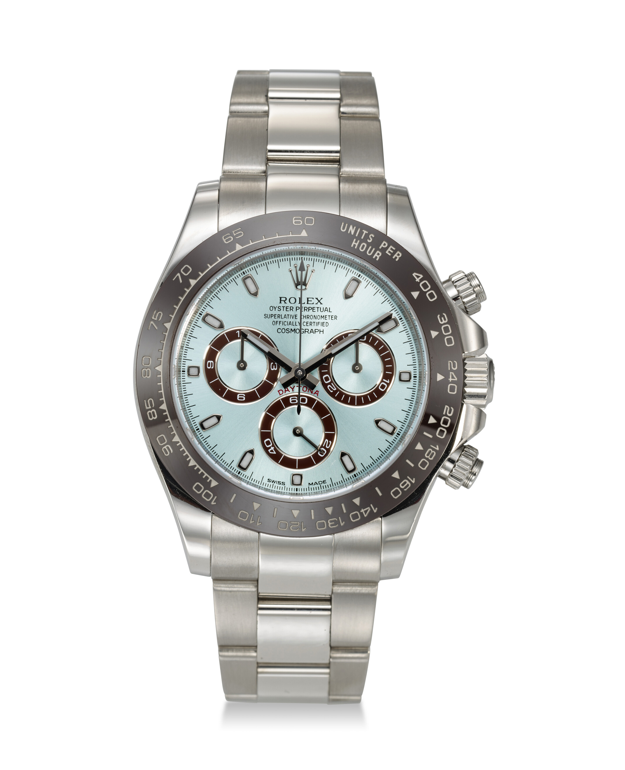 ROLEX REF. 116506 COSMOGRAPH DAYTONA A VERY FINE PLATINUM CHRONOGRAPH WITH BROWN CERAMIC BEZEL AND GLACIER DIAL Christie s