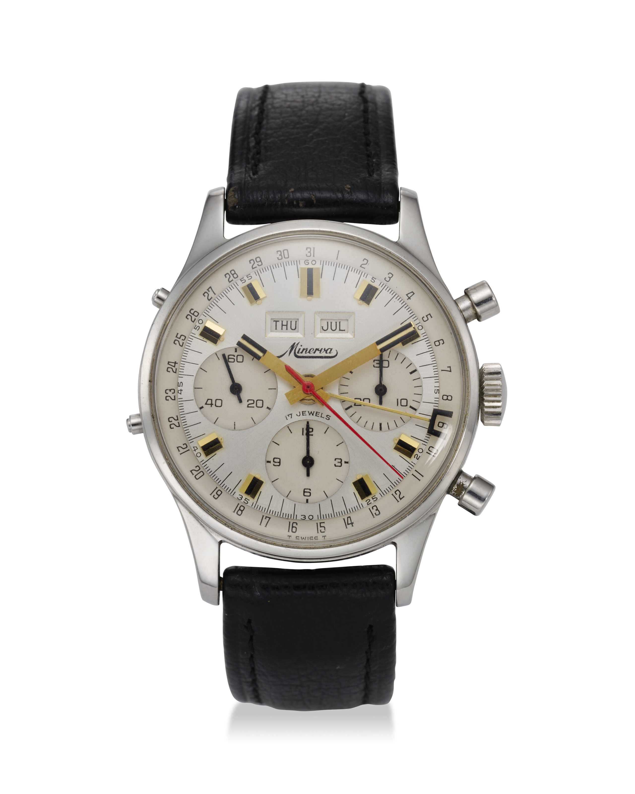 MINERVA, REF. 725.1309, A STEEL TRIPLE CALENDAR CHRONOGRAPH WRISTWATCH