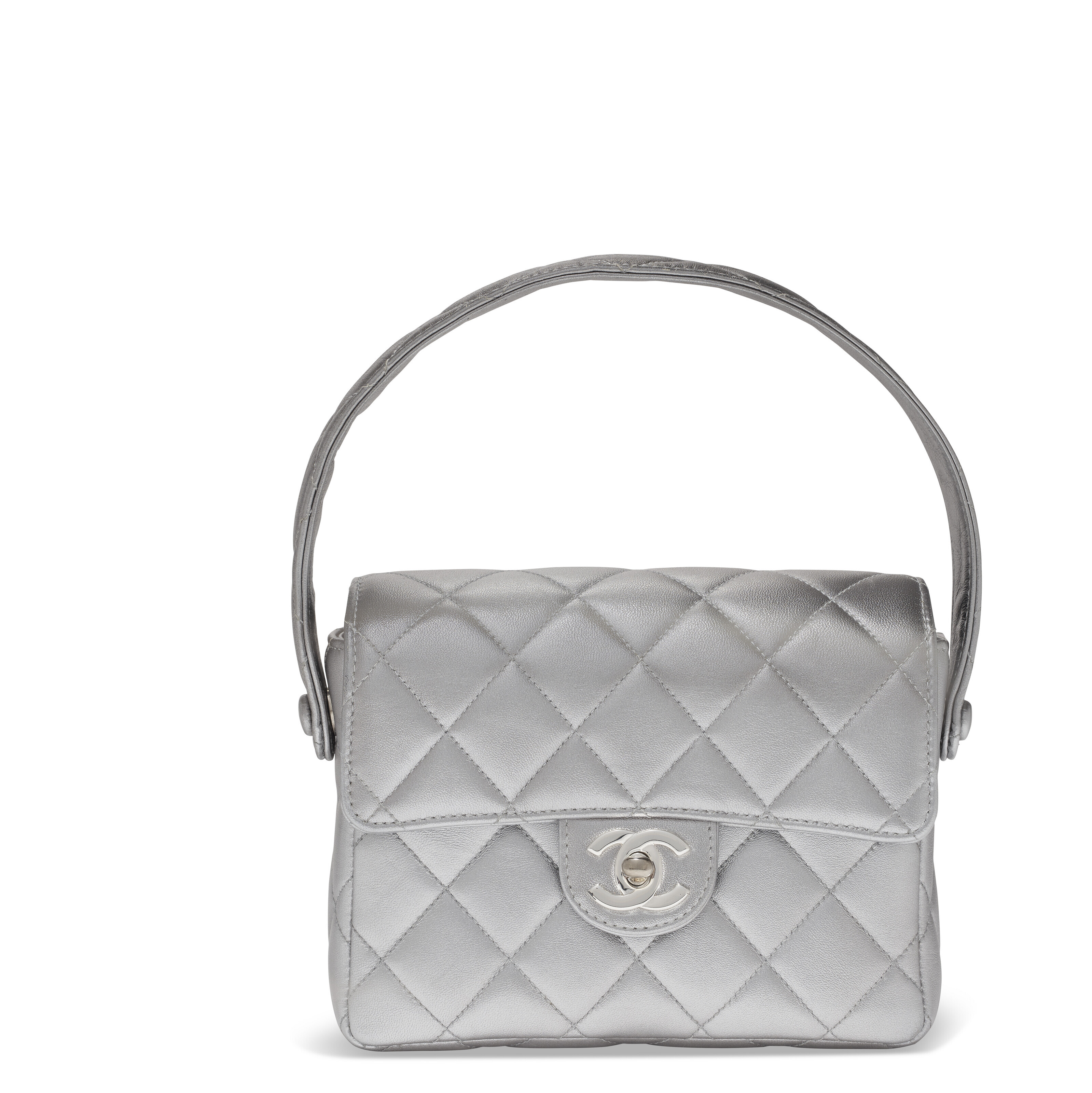 A METALLIC SILVER LAMBSKIN LEATHER MINI TOP HANDLE BAG WITH SILVER