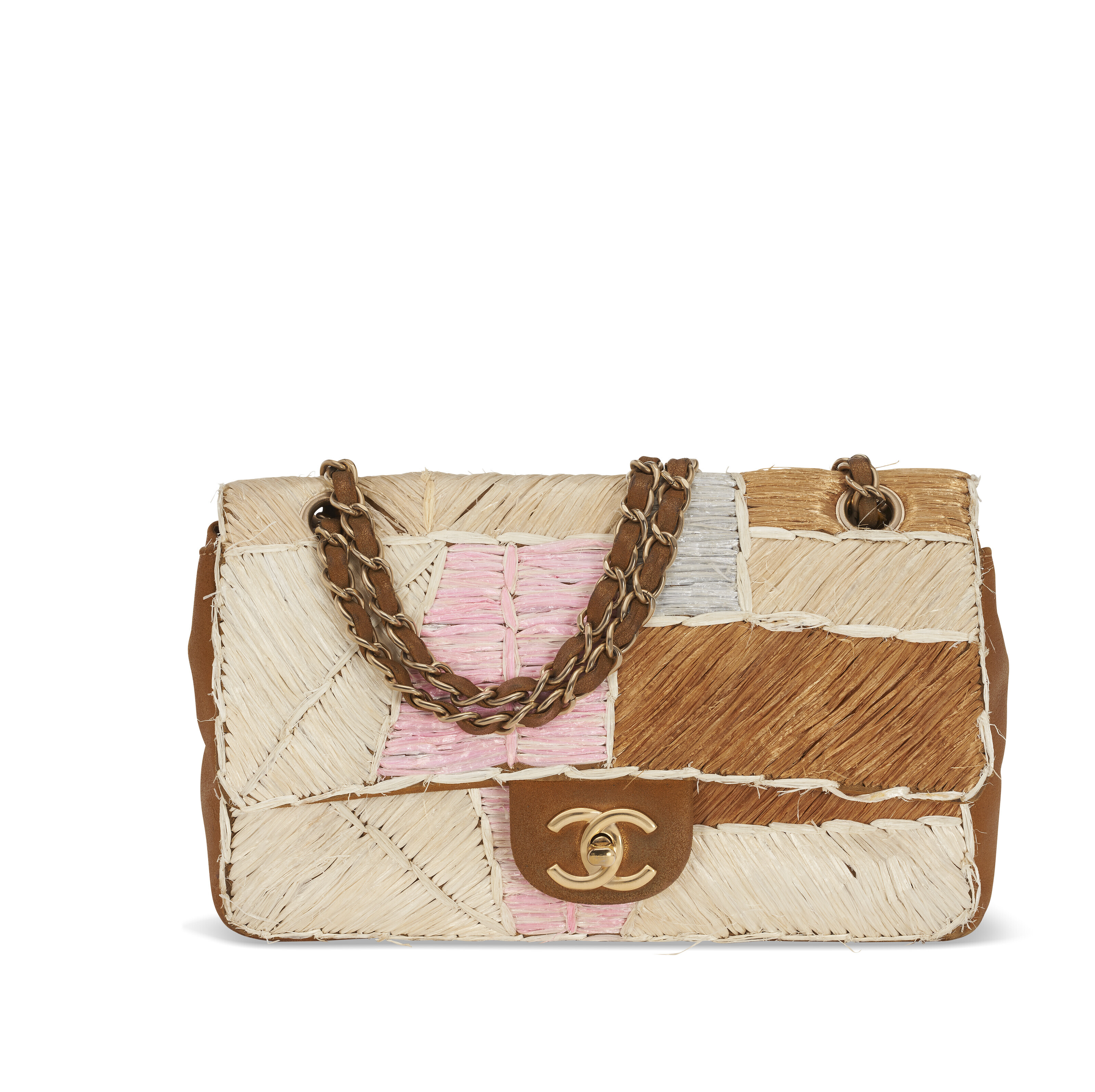 A MULTICOLOR PATCHWORK RAFFIA MEDIUM SINGLE FLAP BAG WITH GOLD