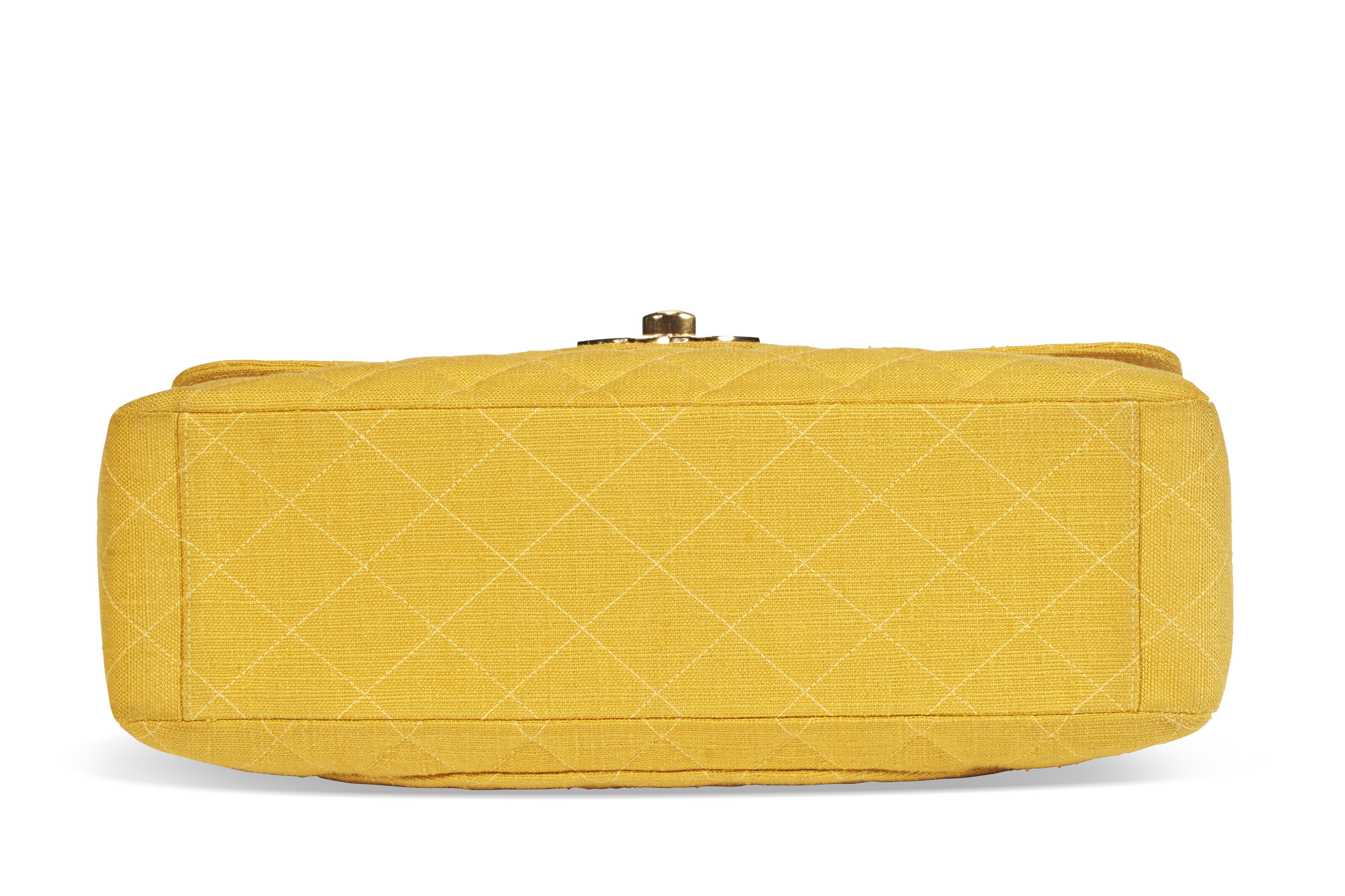 A YELLOW LINEN MAXI SINGLE FLAP BAG WITH GOLD HARDWARE