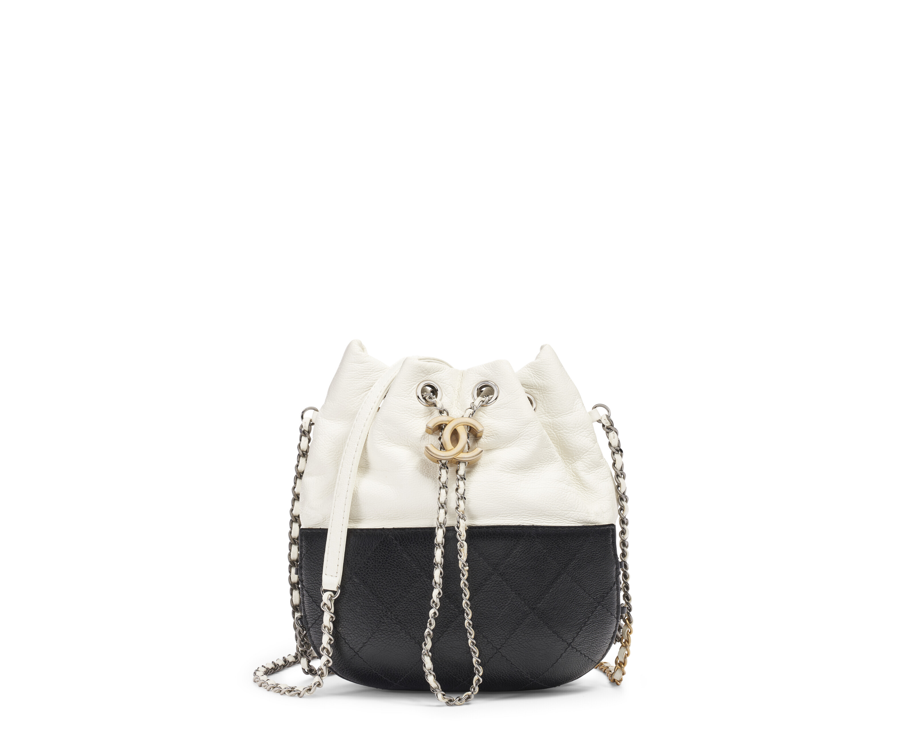A BLACK & WHITE CALFSKIN LEATHER SMALL GABRIELLE DRAWSTRING BAG WITH ...