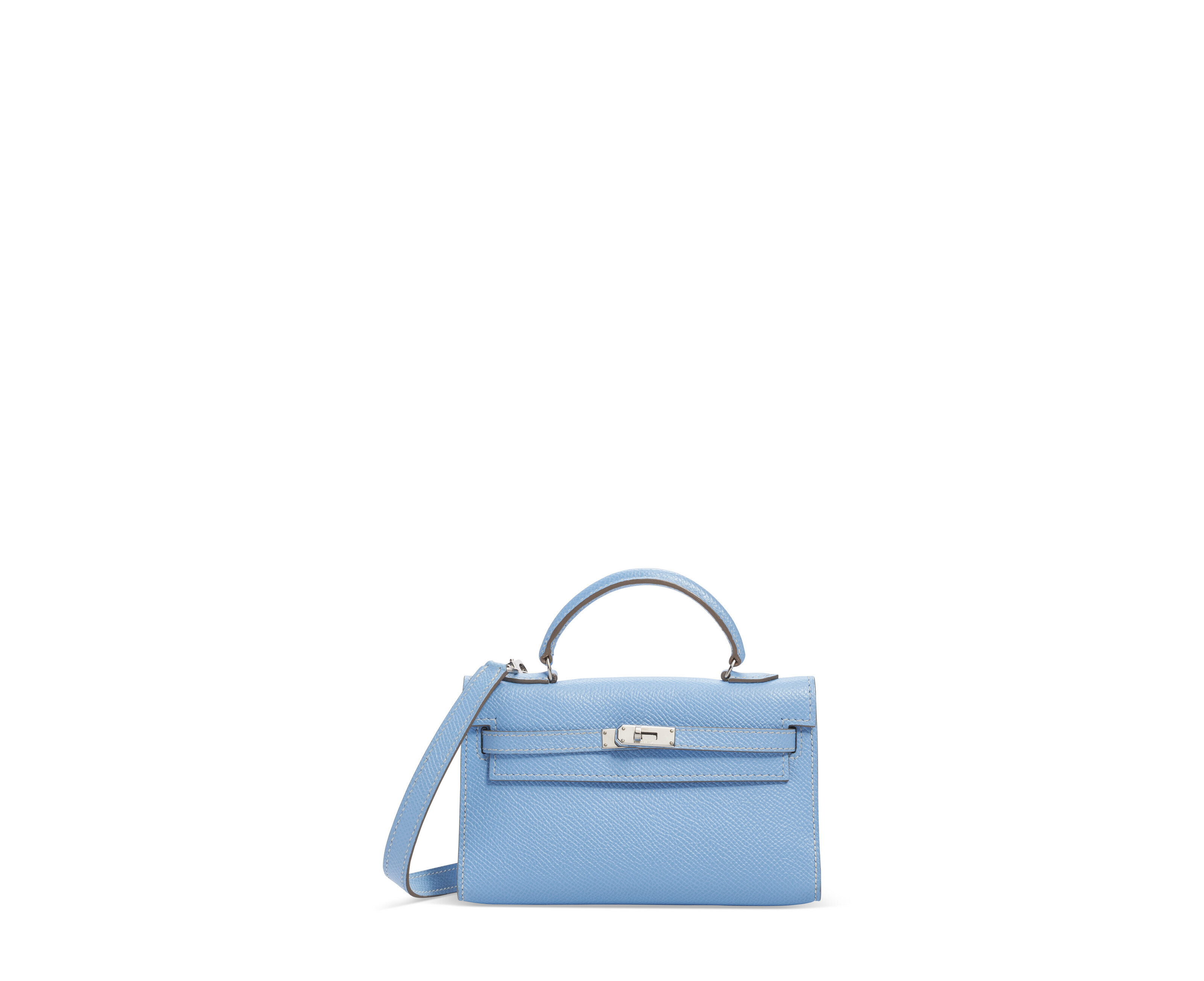 A CELESTE EPSOM LEATHER MICRO MINI KELLY WITH PALLADIUM HARDWARE ...