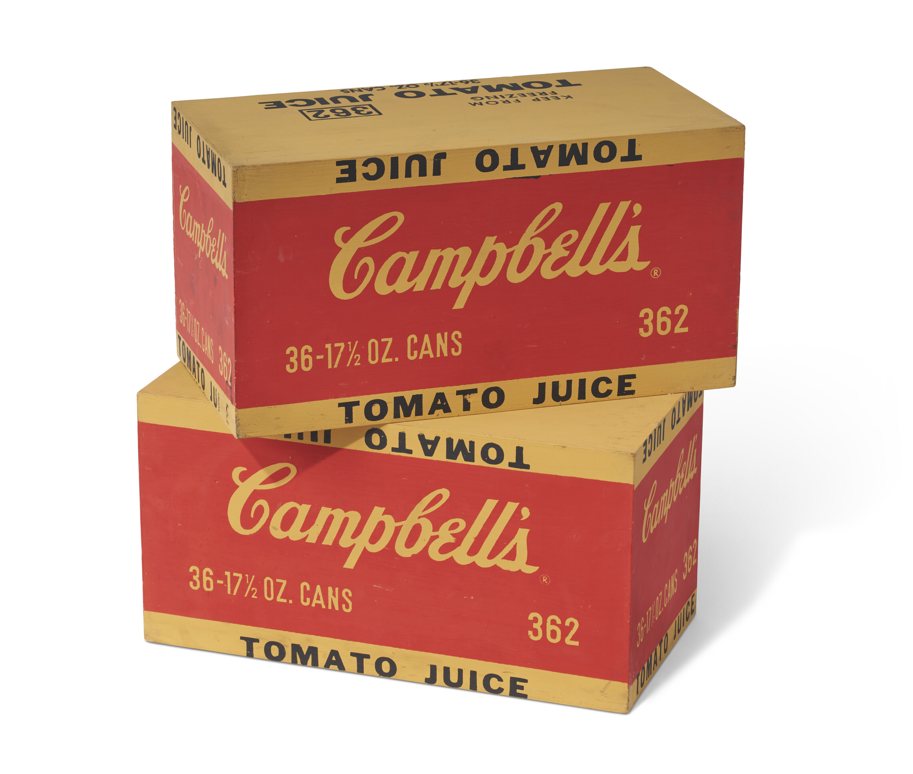 Andy Warhol (1928-1987), Campbell's Tomato Juice Box [Two works], 1964. Silkscreen ink and house paint on plywood. 10 x 19 x 9&frac12; in (25.4 x 48.2 x 24.1 cm). Sold for $554,400 in Post-War &amp; Contemporary Art Day Sale on 18 November at Christie&rsquo;s New York