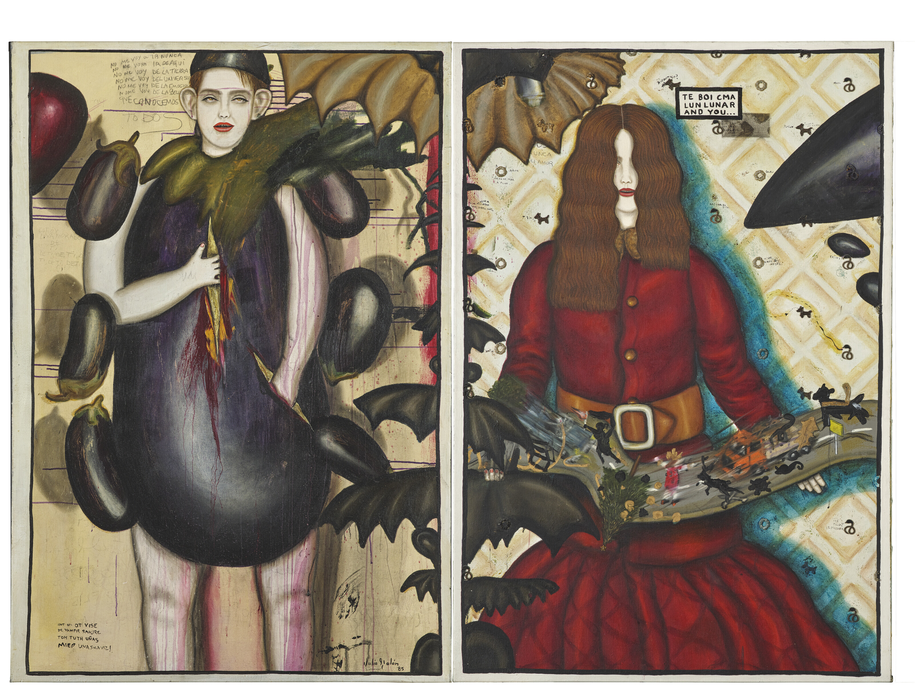 Julio Gal&aacute;n (1958-2006), El Hermano (The Eggplant Boy and the Santa Claus Girl), 1985. Diptych&mdash;oil and antique ornaments on canvas. 69 x 96 in (175.3 x 243.8 cm). Sold for $182,700 in Post-War &amp; Contemporary Art Day Sale on 18 November at Christie&rsquo;s New York