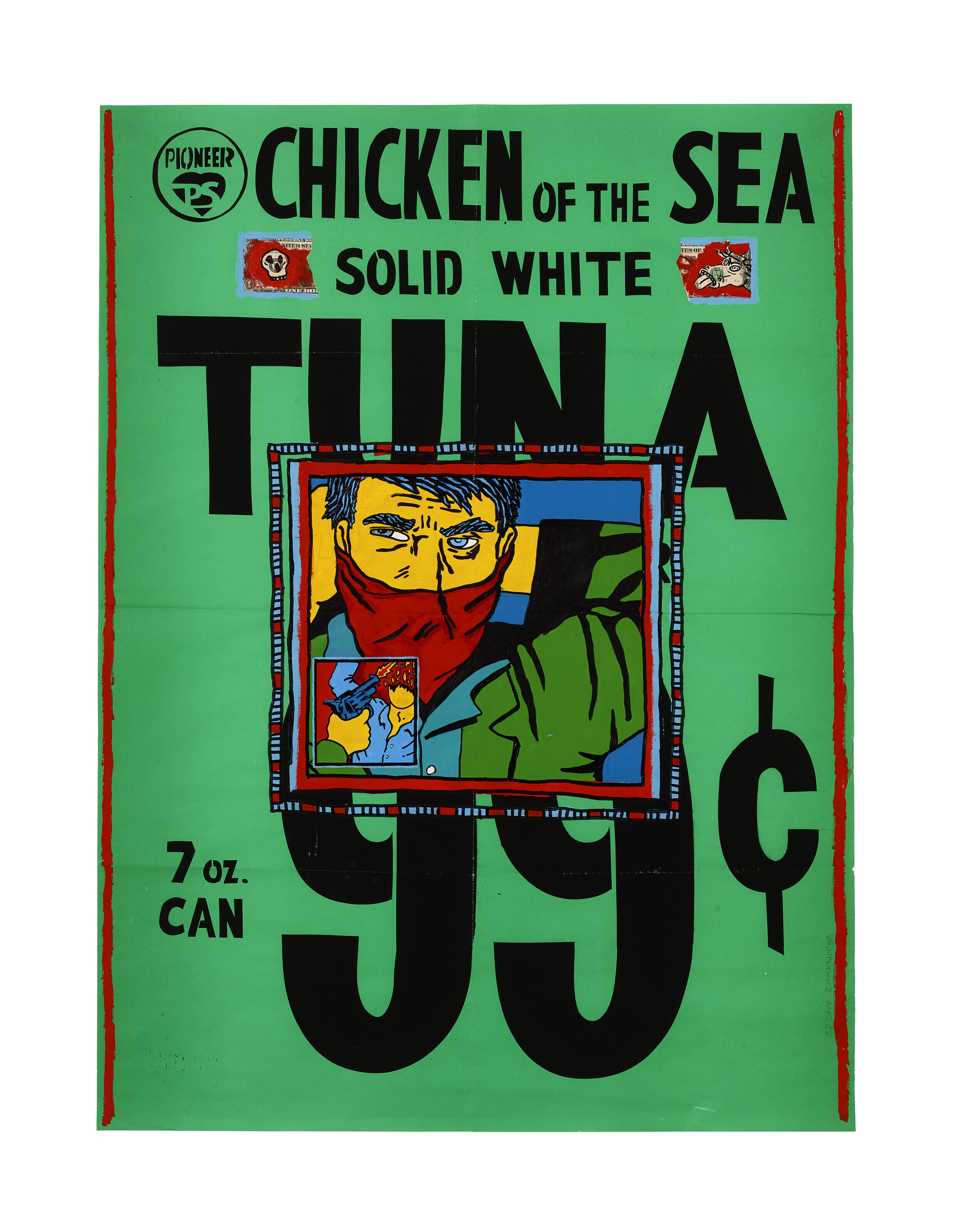 David Wojnarowicz (1954-1992), Tuna, 1982. Acrylic and printed paper collage on supermarket poster. 43&frac14; x 31&frac34; in (109.9 x 80.6 cm). Sold for $100,800 in Post-War &amp; Contemporary Art Day Sale on 18 November at Christie&rsquo;s New York