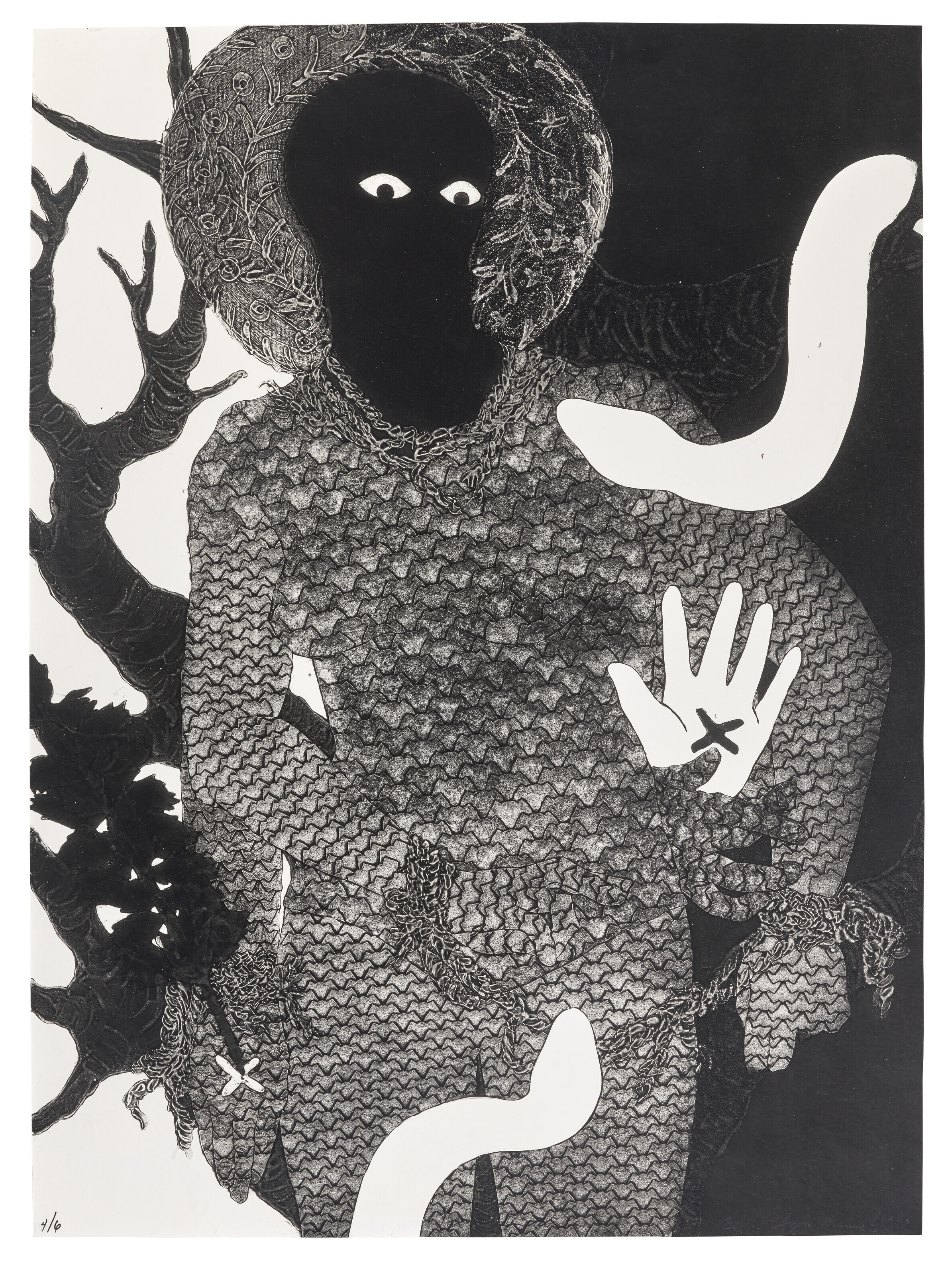 Belkis Ay&oacute;n (1967-1999), La Sentencia, 1993. Collograph on paper. 36 x 26 1&frasl;4 in (91 x 67 cm). Sold for $88,200 in First Open | Post-War &amp; Contemporary Art on 14 December 2022 at Christie&rsquo;s online