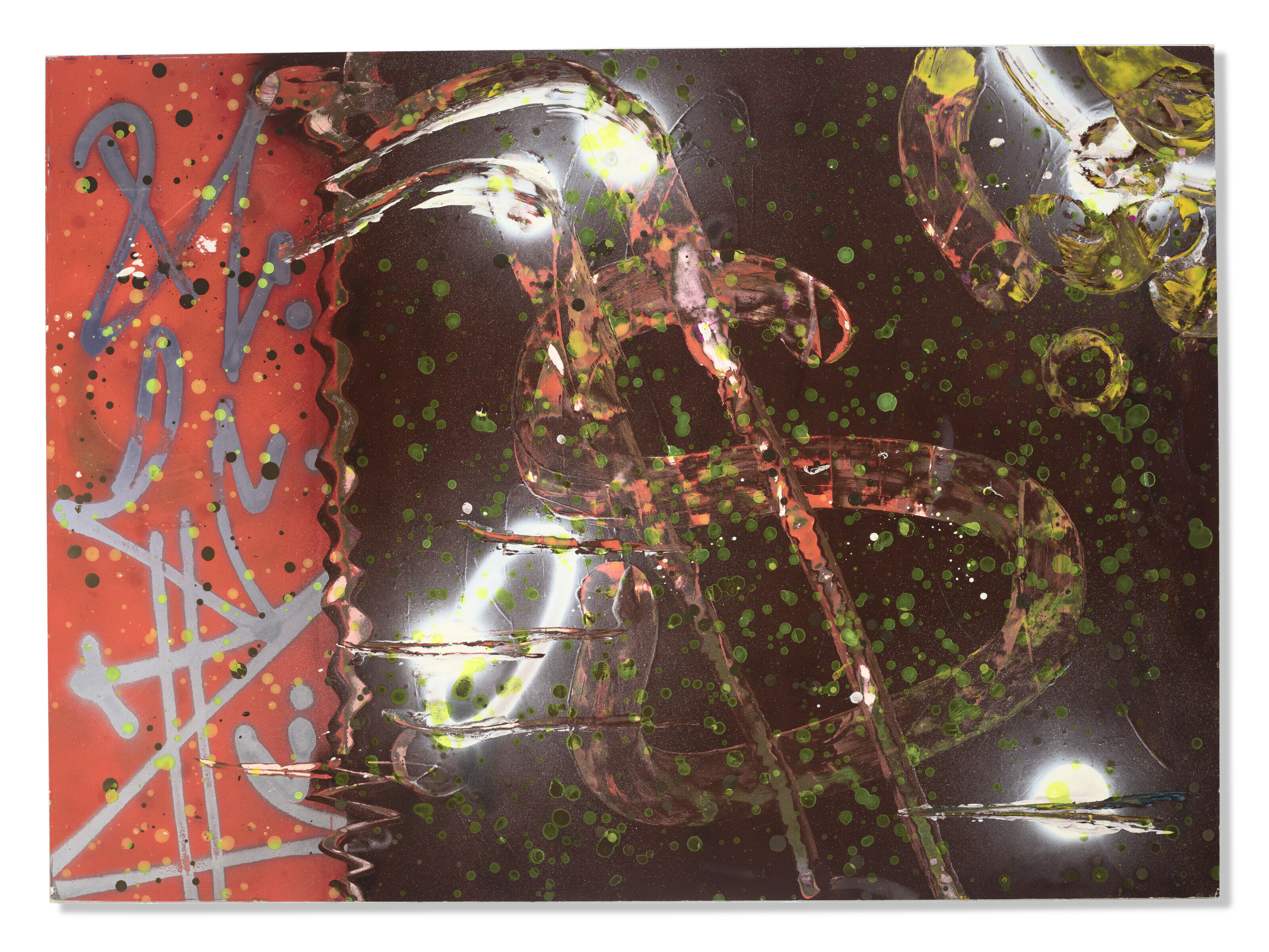 Rammellzee (1960-2010), Gothic Futurism: PLAsom note A Sign of the Crime $, 1982. Spray enamel on board. 31 x 39&frac14;in (79.7 x 99.9 cm).  Estimate: $60,000-$80,000. Offered in First Open | Post-War &amp; Contemporary Art on 1-14 December 2022 at Christie&rsquo;s online