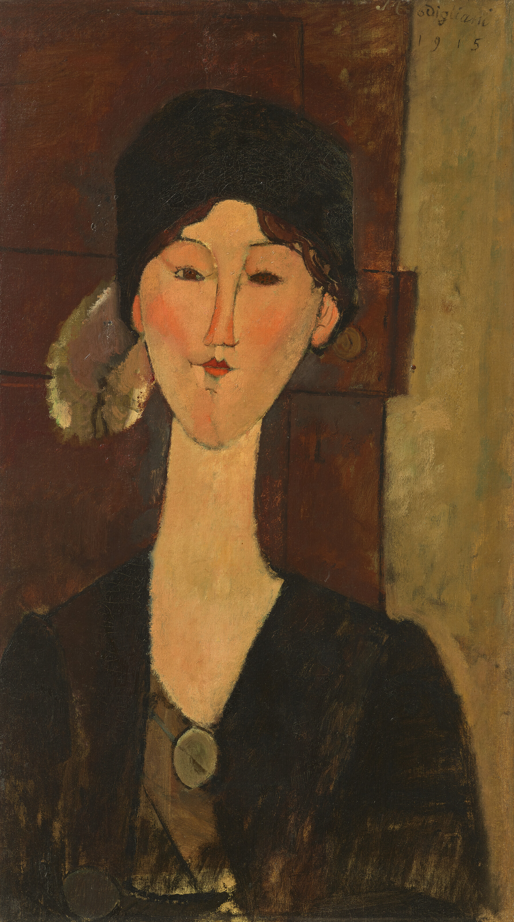 Amedeo Modigliani (1884-1920), Beatrice Hastings (devant une porte), 1915. Oil on canvas. 32 x 18&frac14; in (81.3 x 46.4 cm). Sold for $17,565,000 in 20th Century Evening Sale on 17 November 2022 at Christie&rsquo;s in New York