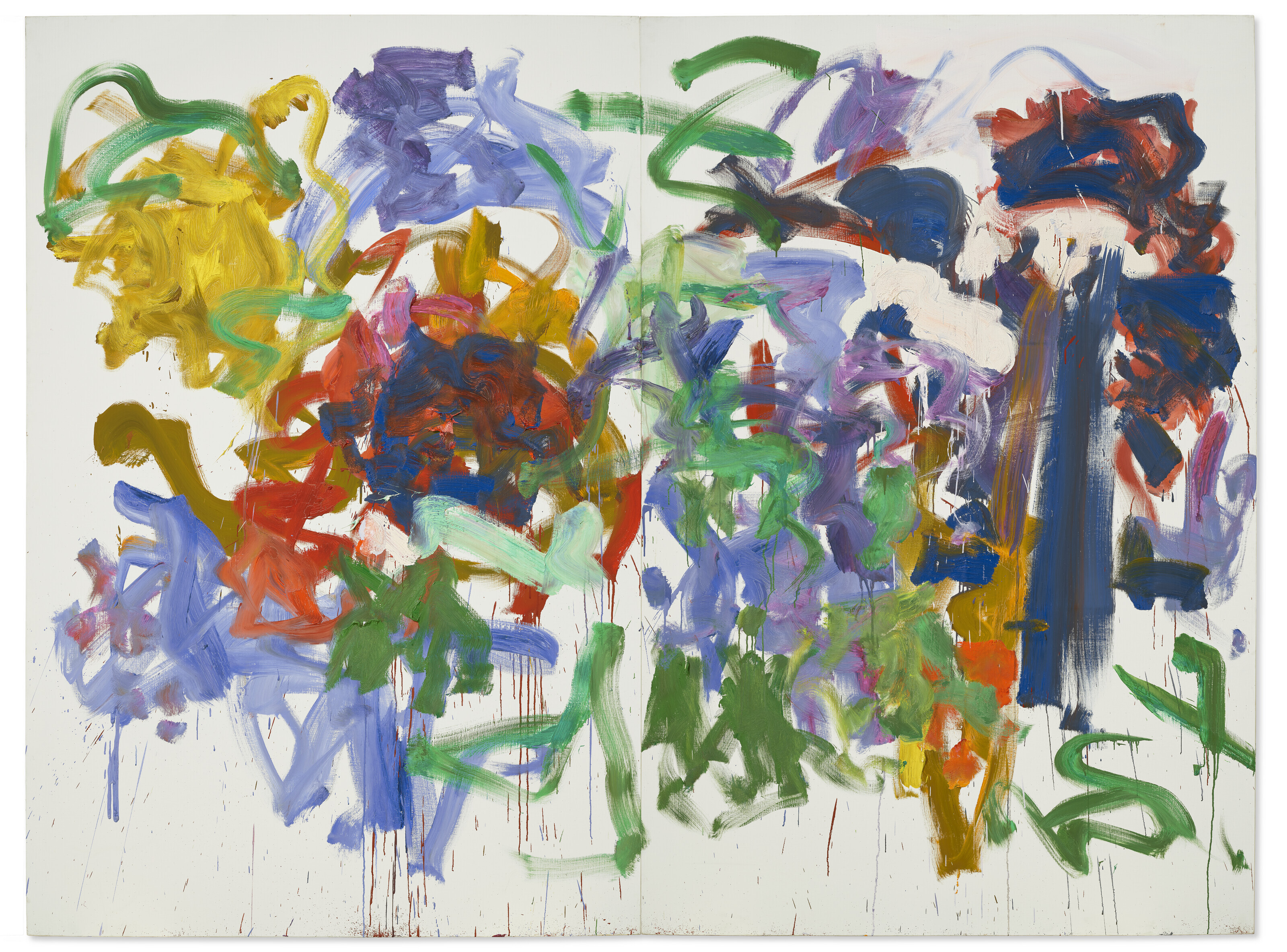 Joan Mitchell (1925-1992), Untitled, 1989. Diptych&mdash;oil on canvas. 76&frac34; x 102⅞ in (194.9 x 260.7 cm).  Sold for $14,130,000 in 20th Century Evening Sale on 17 November 2022 at Christie&rsquo;s in New York