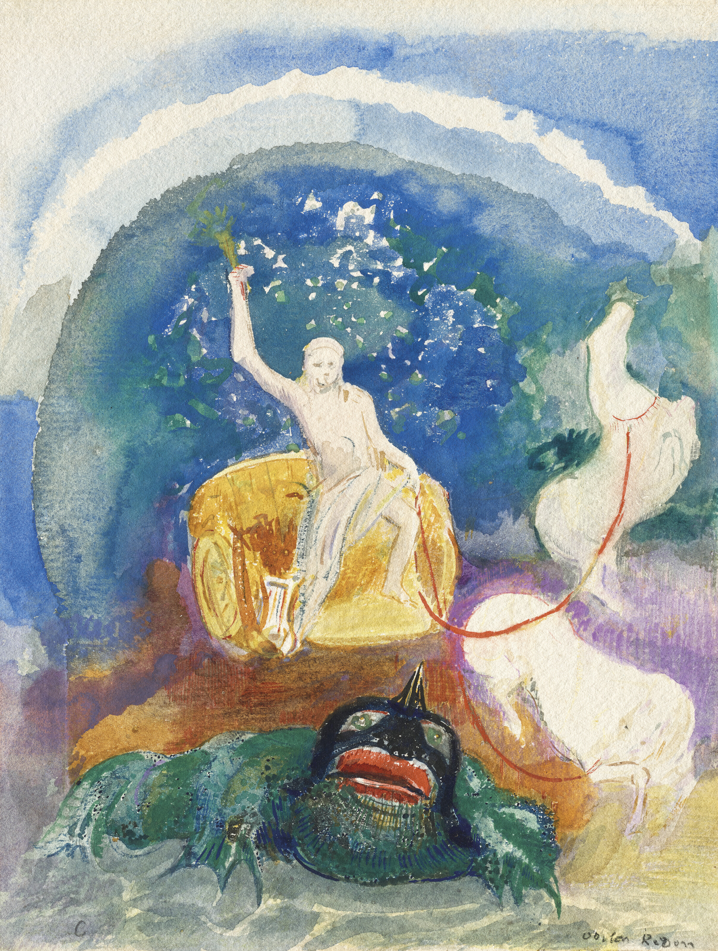 Odilon Redon (1840-1916), Le monstre vert. Watercolour and brush and black ink on paper. 9 ⅝ x 7 &frac12; in (24.5 x 19.1 cm). Sold for $56,700 in&nbsp;Impressionist &amp; Modern Works on Paper on 19 November at Christie&rsquo;s New York