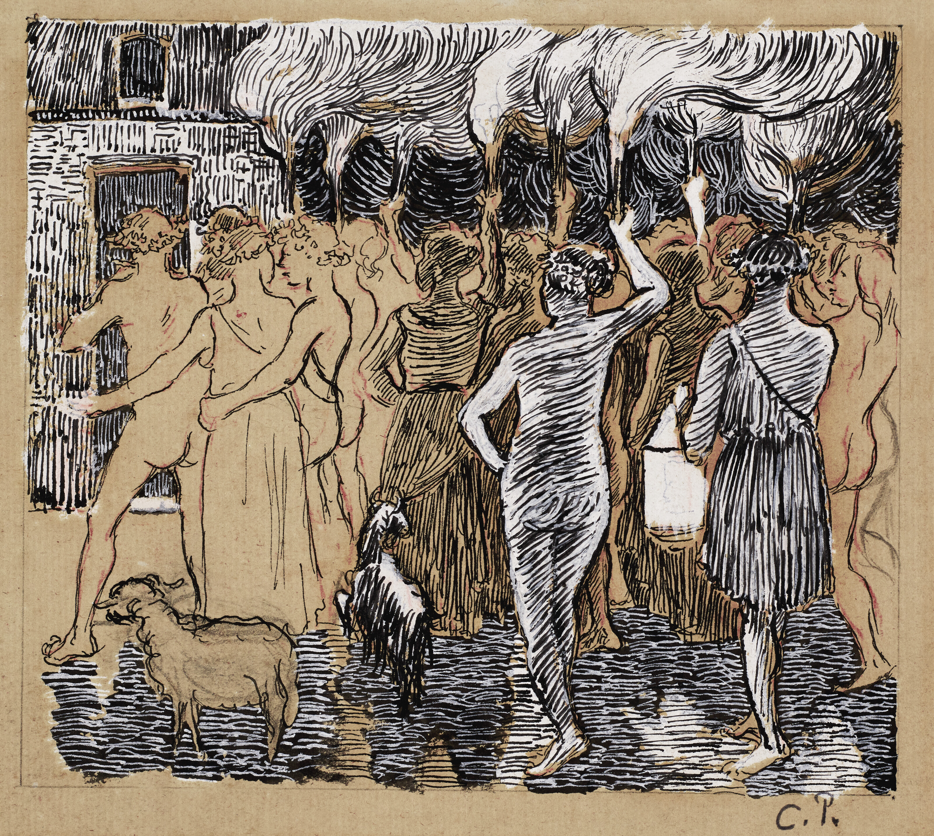 Camille Pissarro (1830-1903), Daphnis et Chlo&euml; (les noces de Daphnis et Chlo&euml;),&nbsp;c. 1895-1896. Gouache, pen and black ink and sanguine over pencil on paper. Image size: 4 &frac34; x 5 ⅜ in (11.9 x 13.5 cm); sheet size: 5 ⅞ x 7 &frac34; in (14.8 x 19.6 cm) Sold for $27,720 in Impressionist &amp; Modern Works on Paper&nbsp;on 19 November at Christie&rsquo;s New York