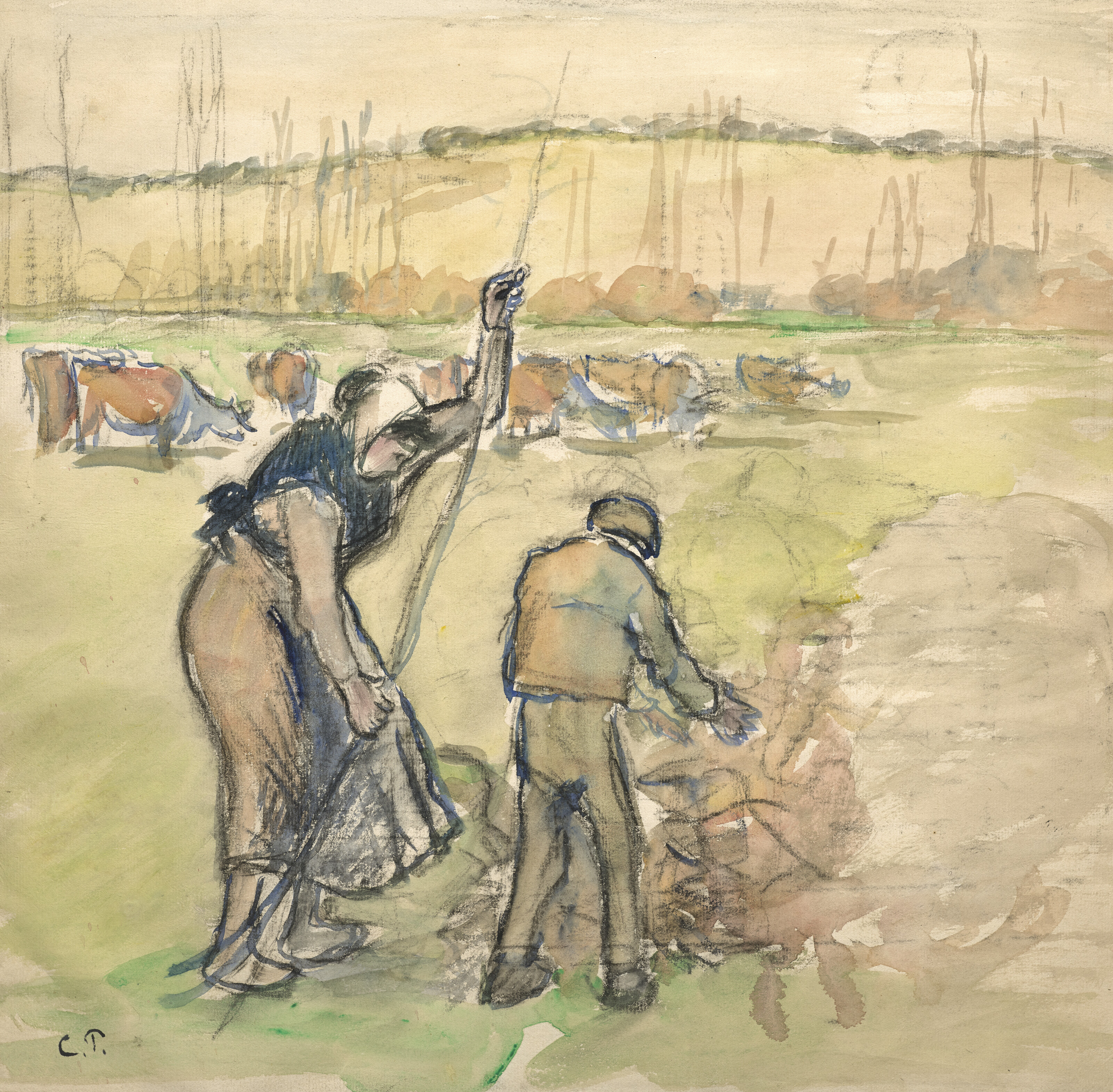 Paysanne et enfant faisant du feu