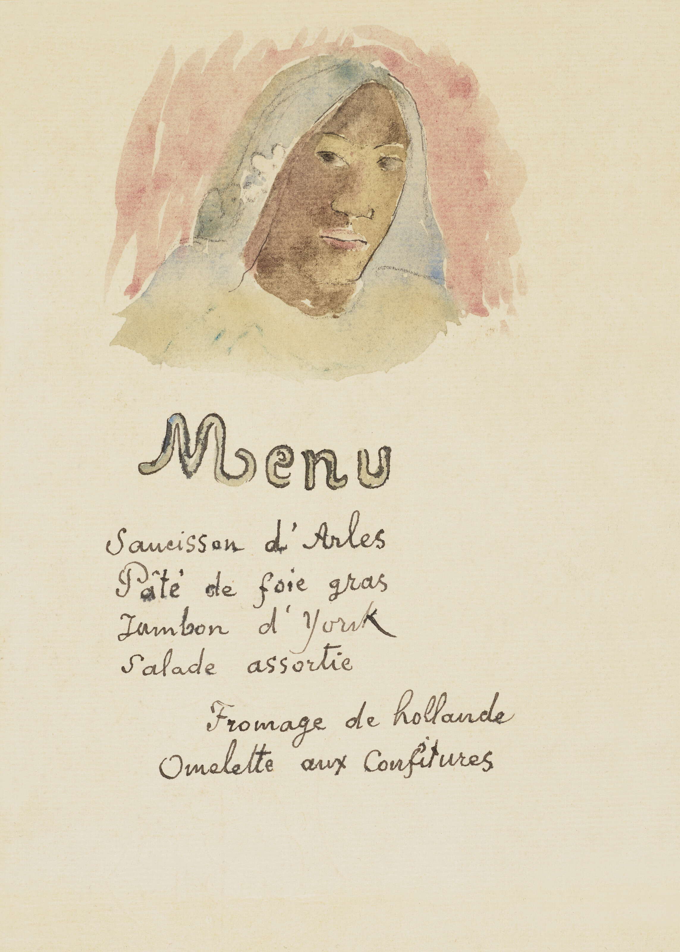 Paul Gauguin (1848-1903), Menu, T&ecirc;te de Tahitienne.&nbsp;Watercolour and pen and black ink on paper. 9 ⅝ x 6 &frac14; in (24.5 x 15.9 cm). Sold for $52,920 in&nbsp;Impressionist &amp; Modern Works on Paper on 19 November at Christie&rsquo;s New York