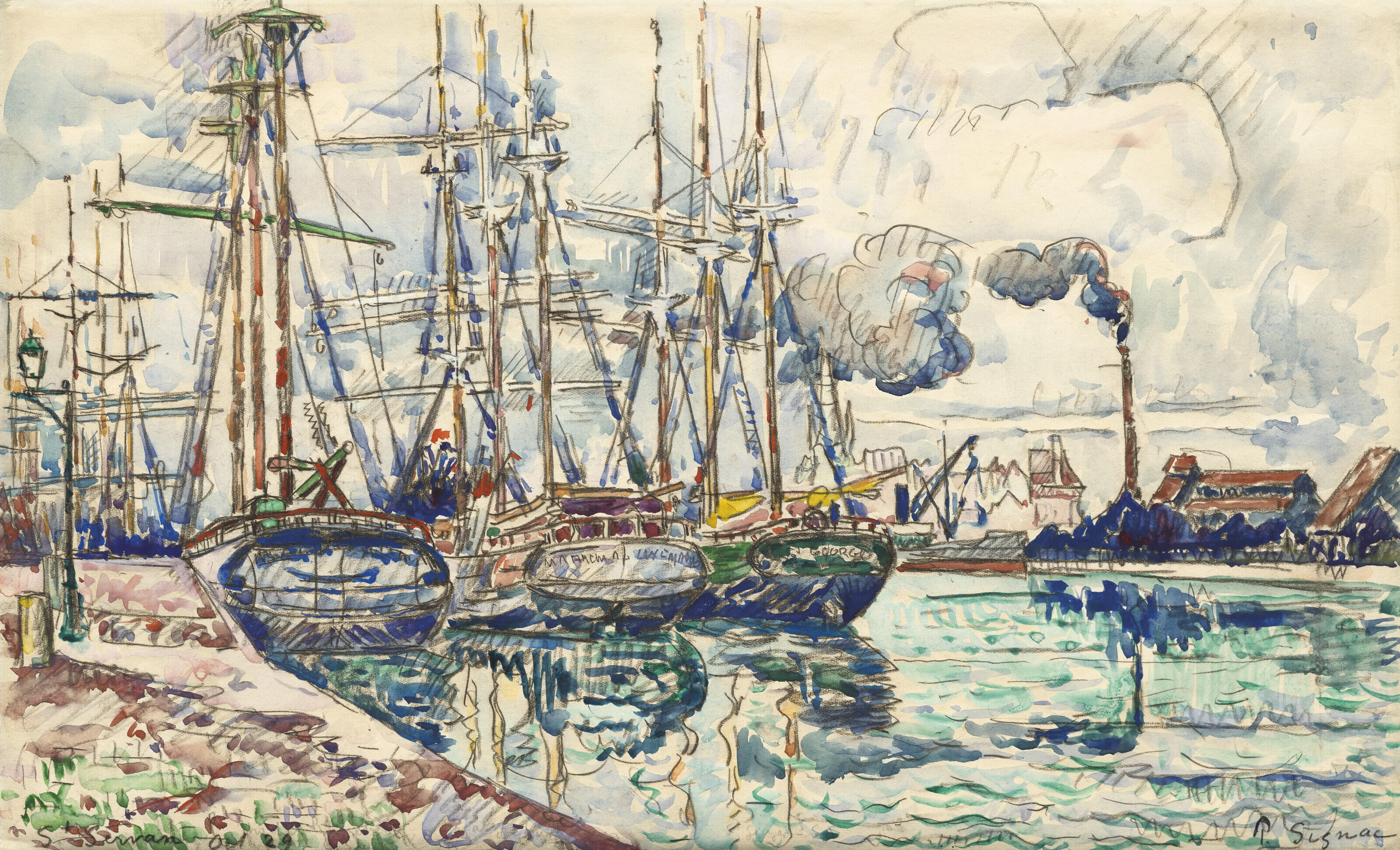 Paul Signac (1863-1935), Saint-Servan, c. 1910-1912.&nbsp;Gouache, watercolour and charcoal on paper. 11 x 18 &frac14; in (28 x 46.2 cm). Sold for $81,900 in&nbsp;Impressionist &amp; Modern Works on Paper on 19 November at Christie&rsquo;s New York