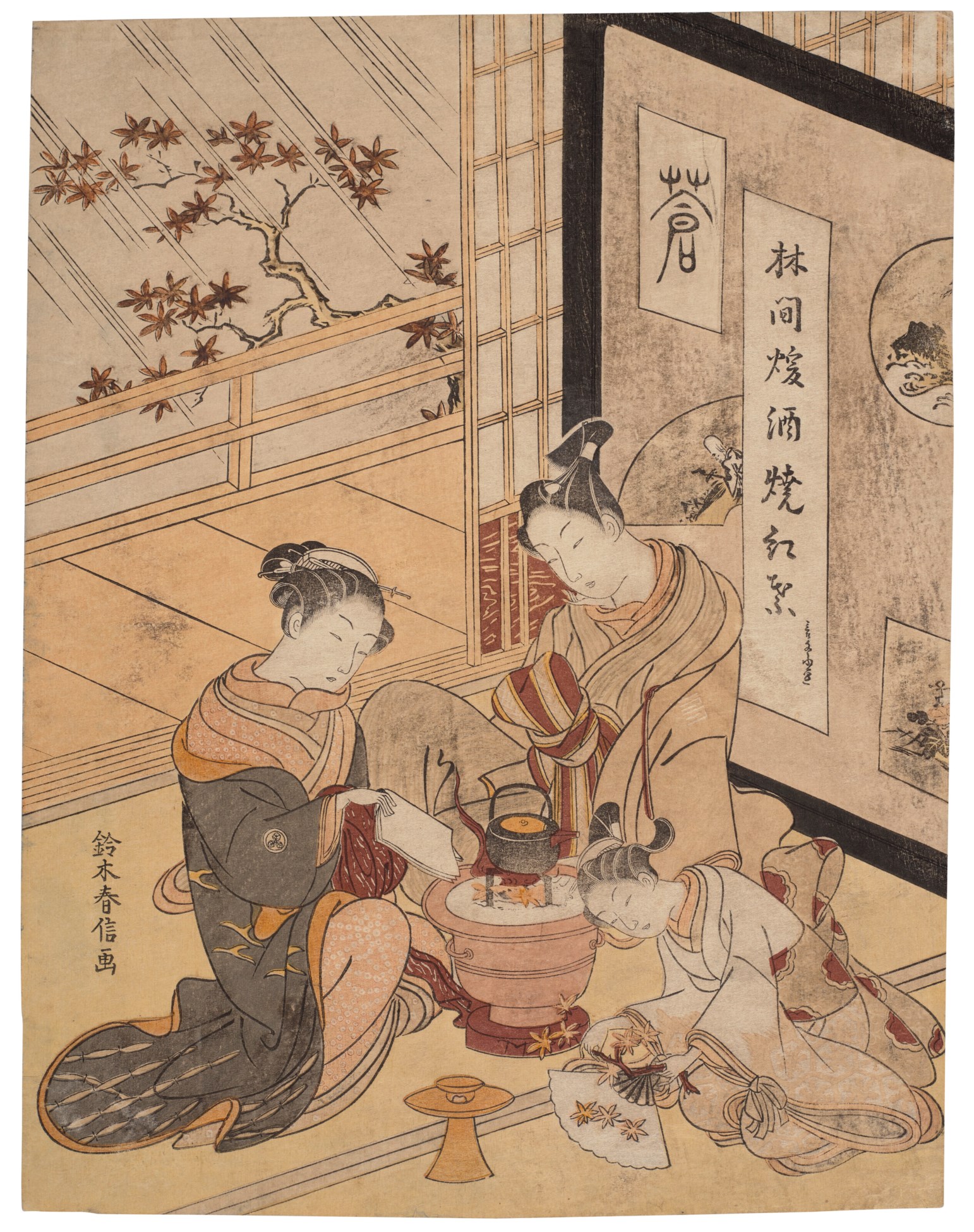 SUZUKI HARUNOBU (1725-1770), Burning maple leaves to heat sake in a ...