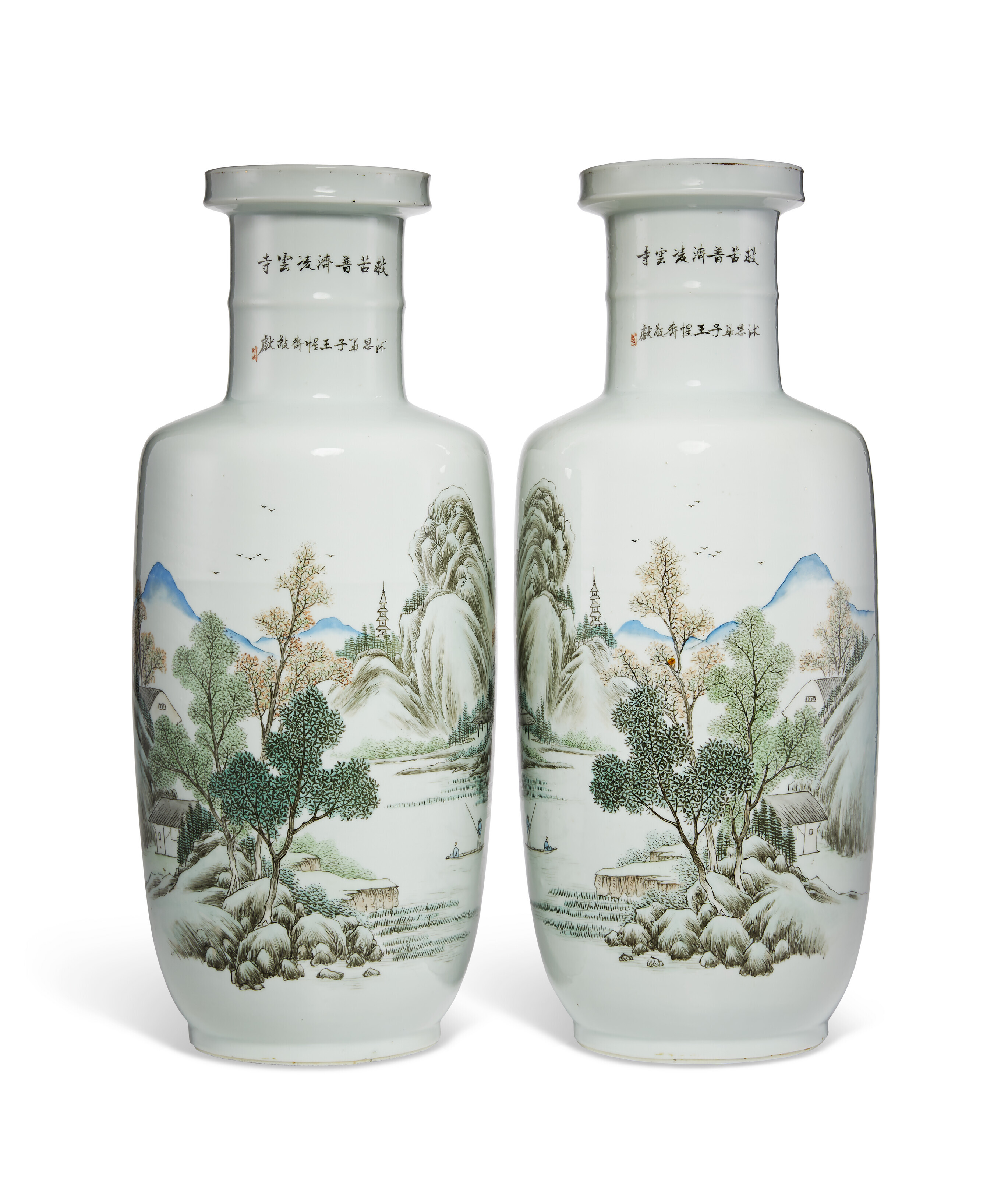 A PAIR OF ENAMELED ROULEAU VASES WITH INSCRIPTIONS, REPUBLIC PERIOD