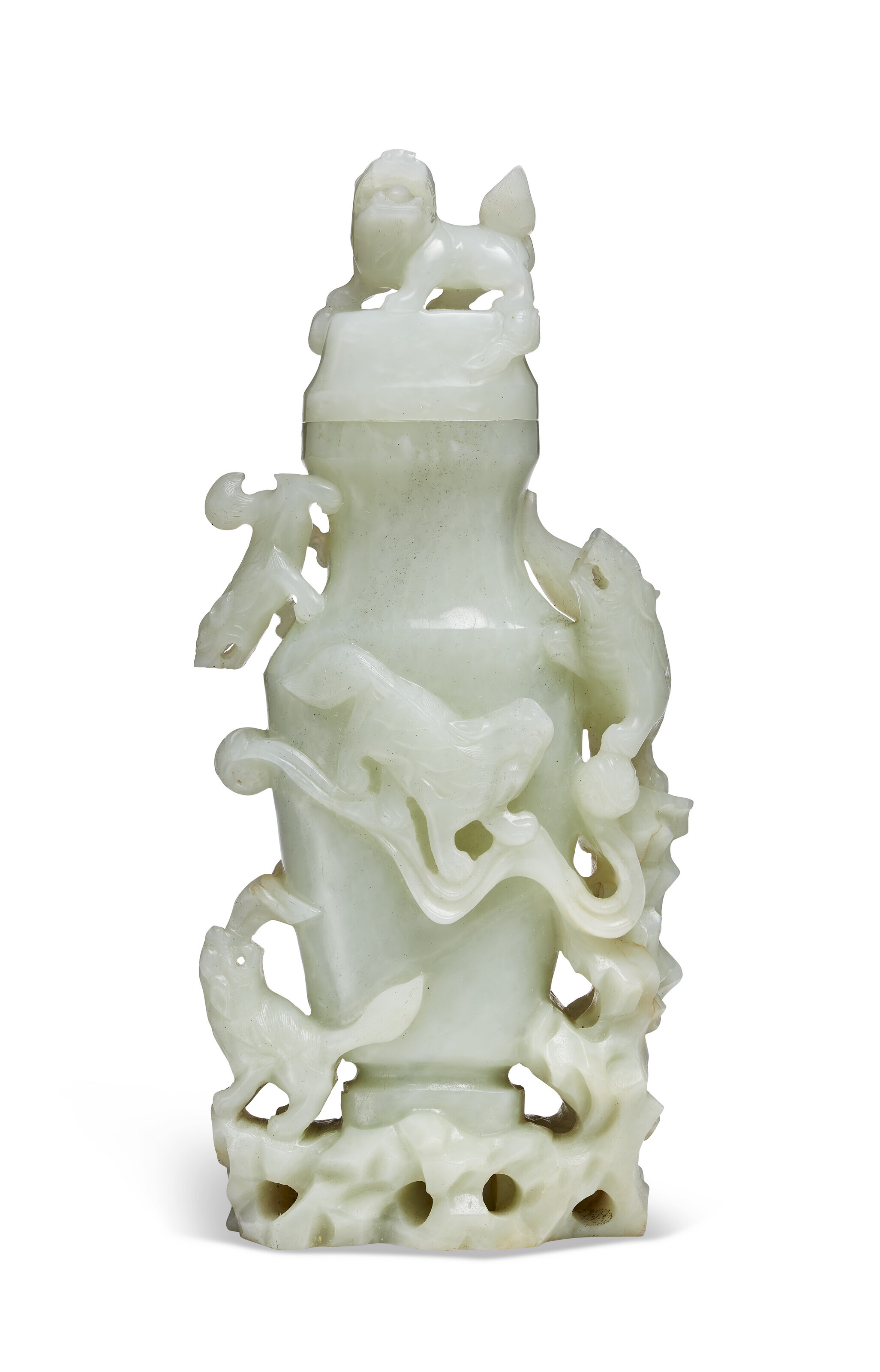 A PALE GREENISHWHITE JADE FLATTENED VASE AND COVER, Christie’s