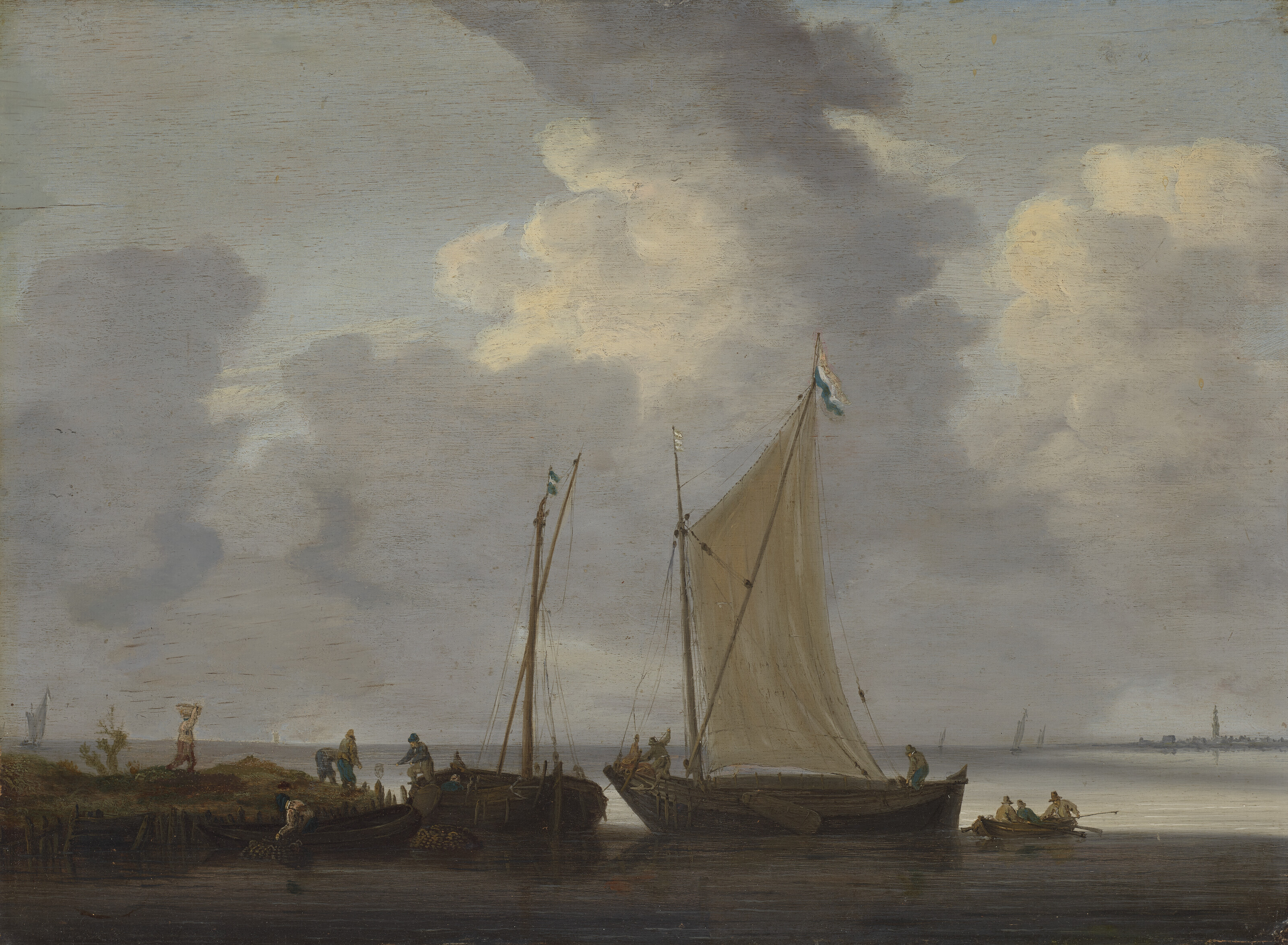 Catalog image of A calm with fishermen unloading their catch