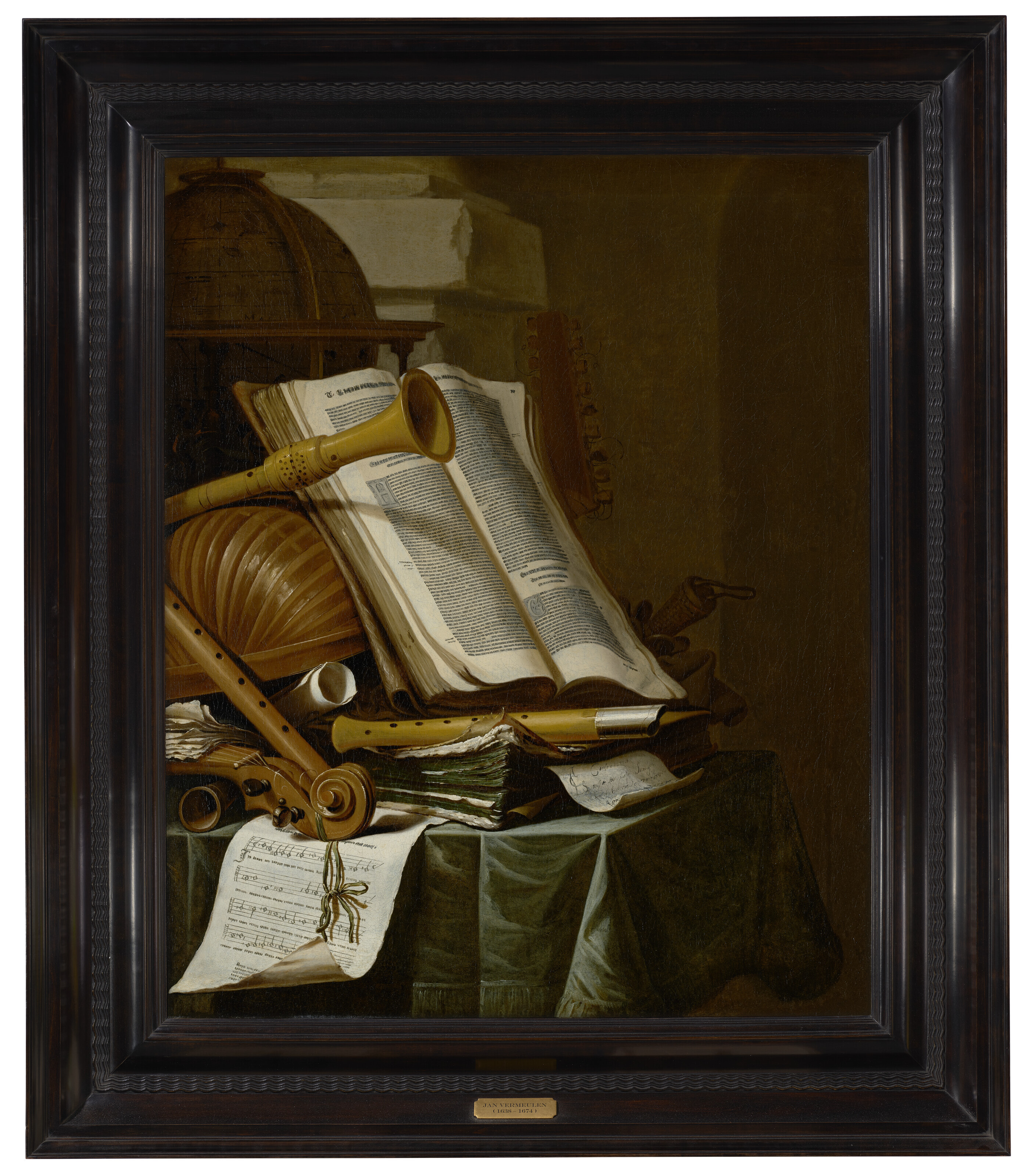 Catalog image of Books, a globe and musical instruments on a draped table