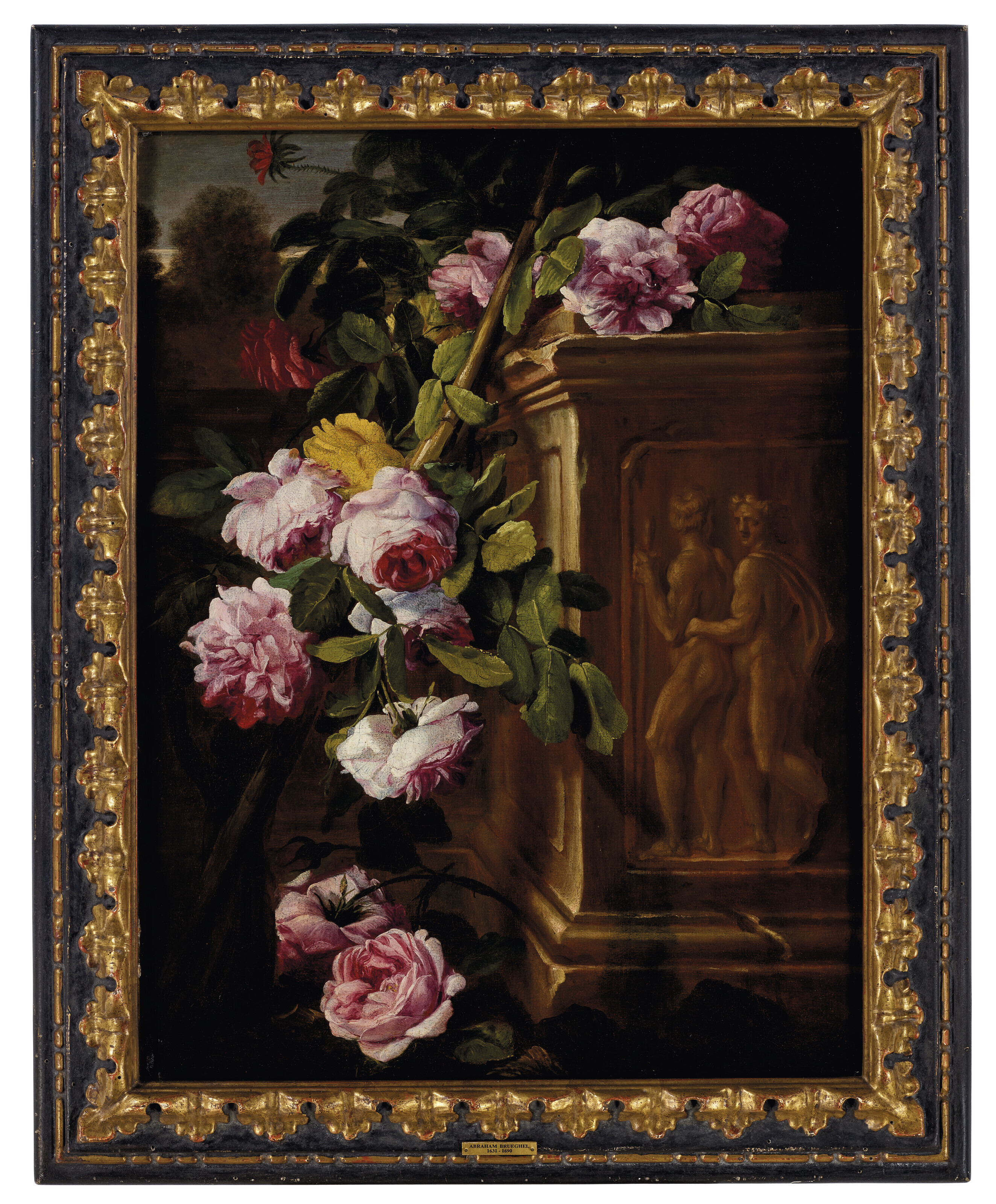 Catalog image of Roses in a garden with a sculpted plinth