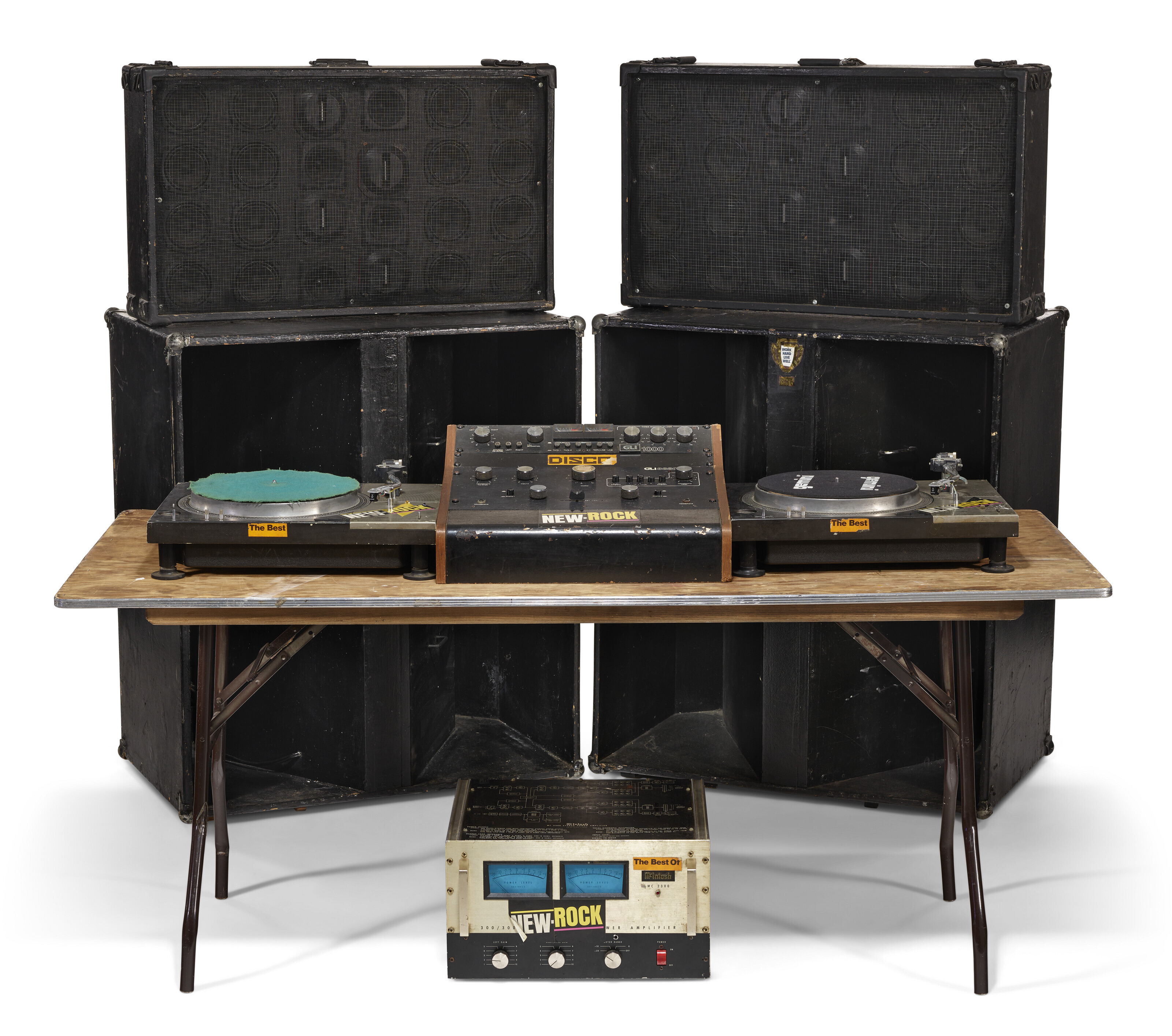 2 Technics SL-1100A turntables; a GLI 3800 mixer with GLI 1000 equalizer; a McIntosh MC-2300 stereo power amplifier; 2 speaker cabinets with 6-inch speaker array; 2 subwoofer cabinets and folding table, mid-1970s. Sold for $201,600 on 18 August 2022 at Christie&rsquo;s Online
