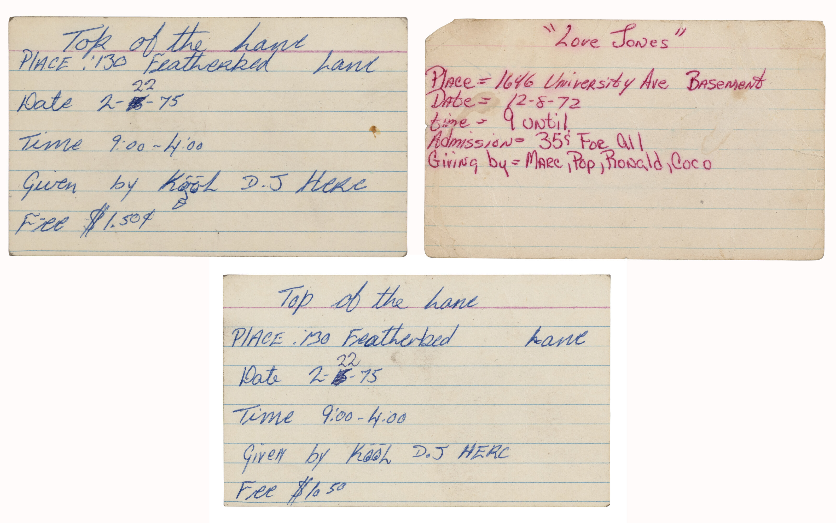 THREE INDEX CARD INVITATIONS INCLUDING TWO FOR A 1975 KOOL HERC