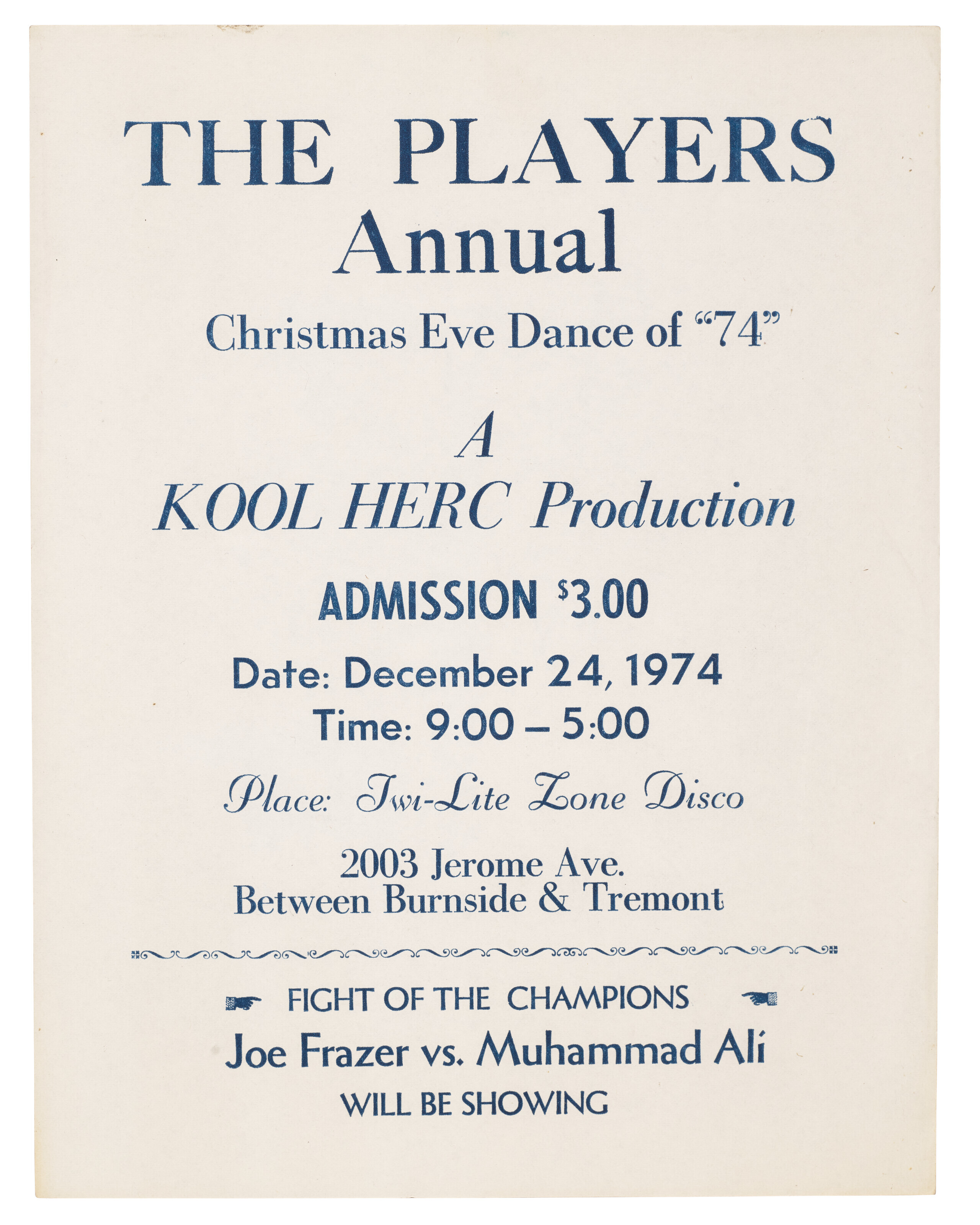 A FLYER FOR A KOOL HERC PRODUCTION AT "THE PLAYERS ANNUAL CHRISTMAS EVE