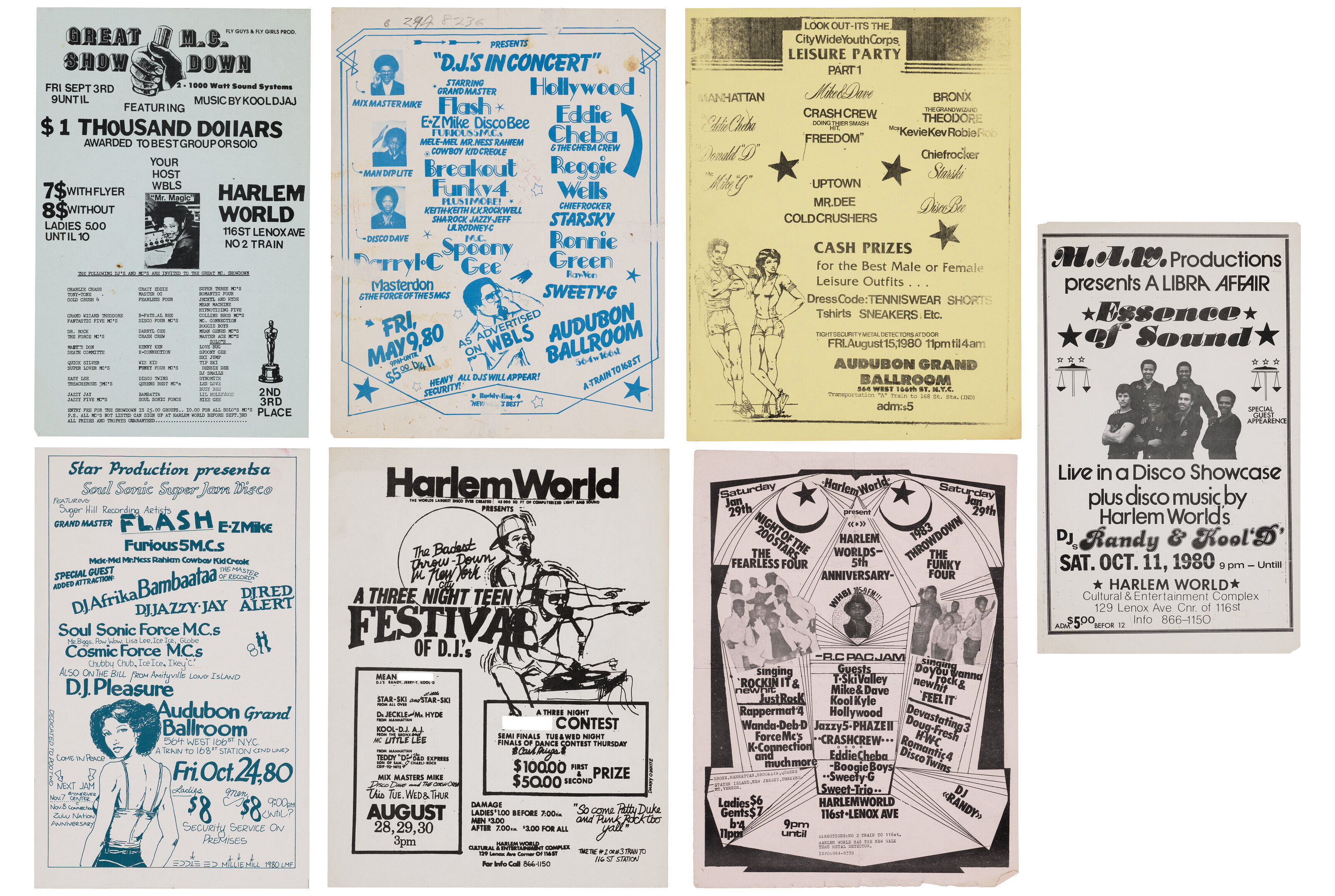 A COLLECTION OF SEVEN HARLEM WORLD AND AUDUBON FLYERS, VARIOUS, c