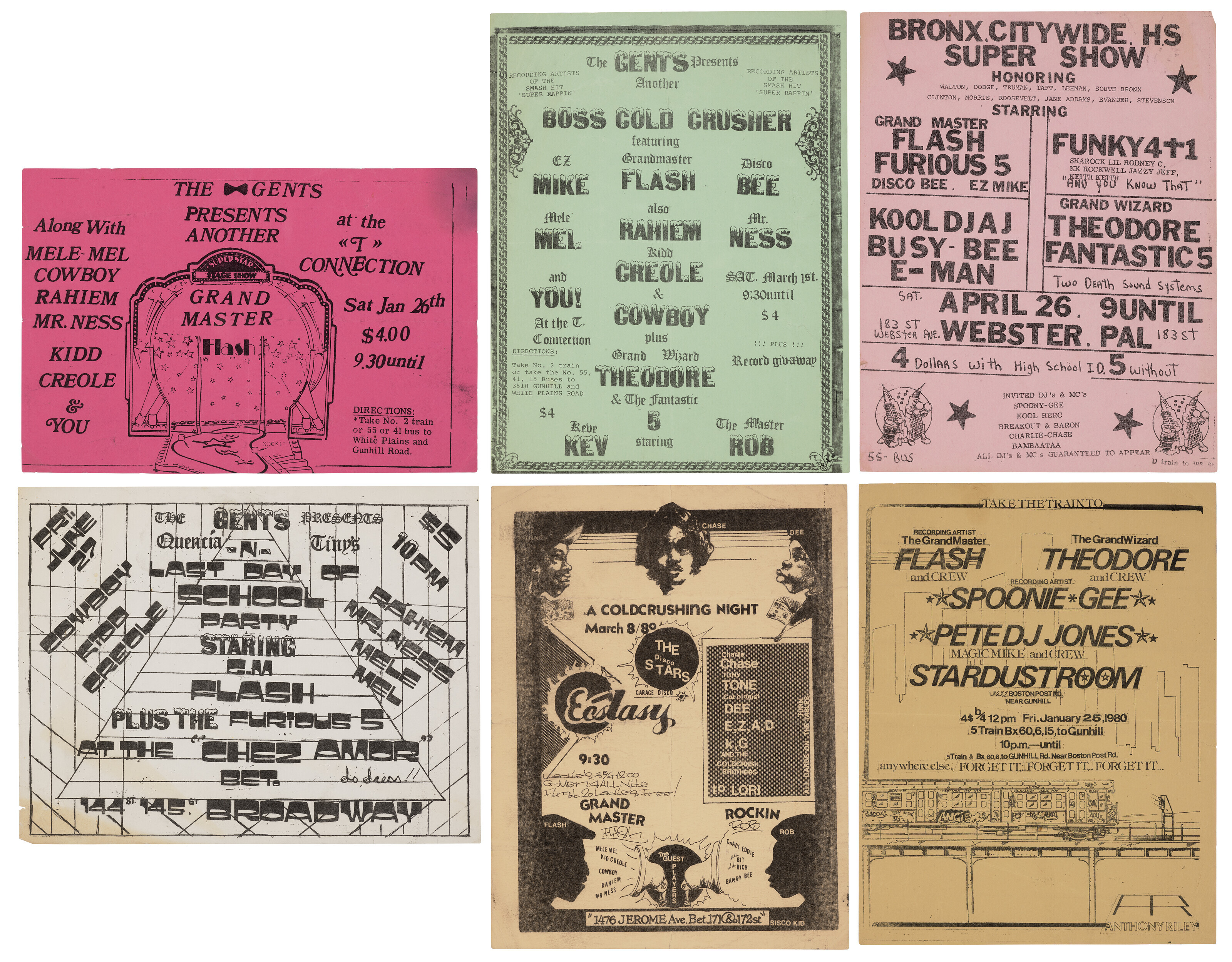 SIX 1980 HIP HOP FLYERS FEATURING THE T-CONNECTION, ECSTASY GARAGE