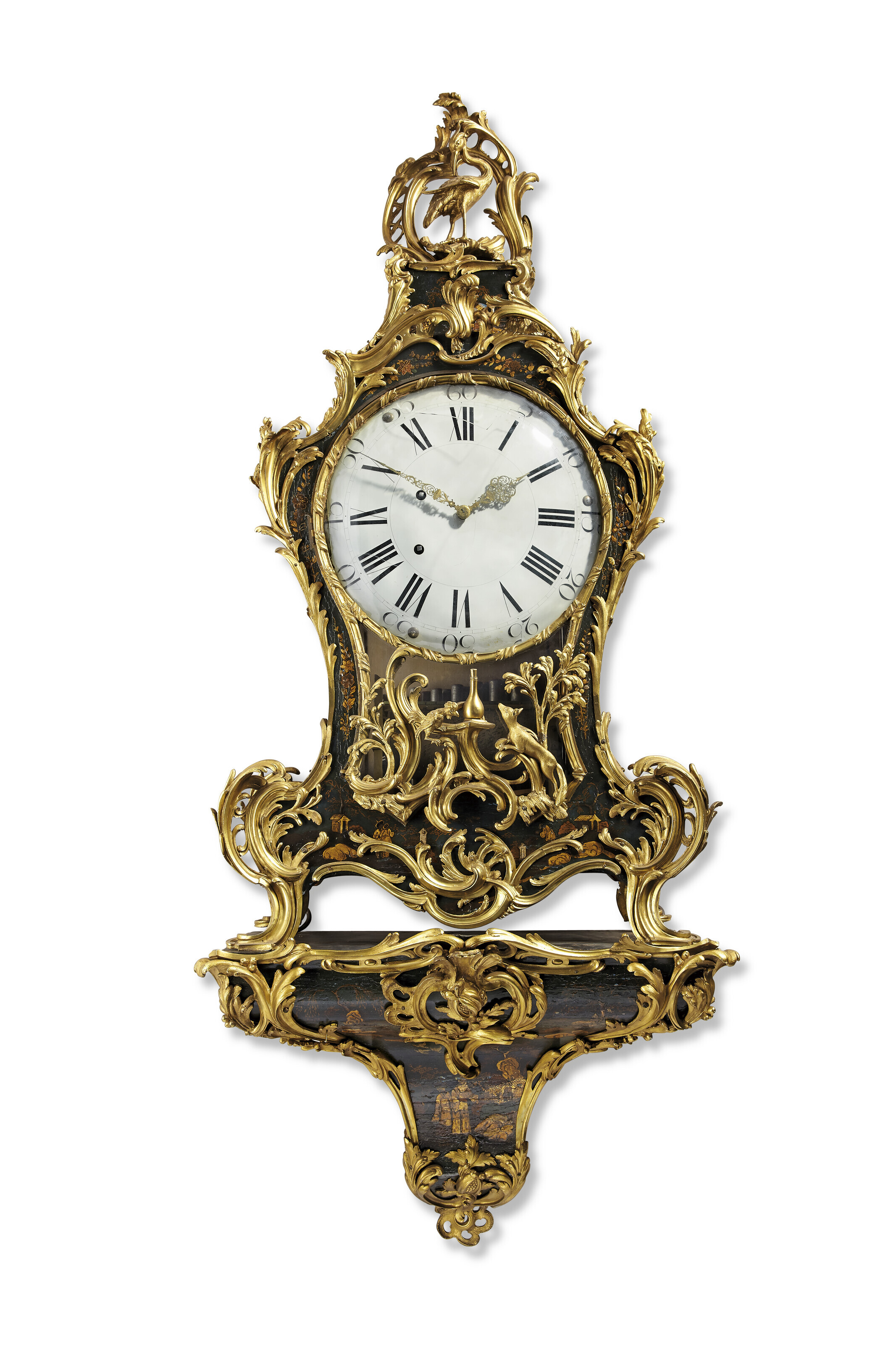 A LOUIS XV ORMOLU-MOUNTED POLYCHROME-DECORATED MUSICAL BRACKET CLOCK ...