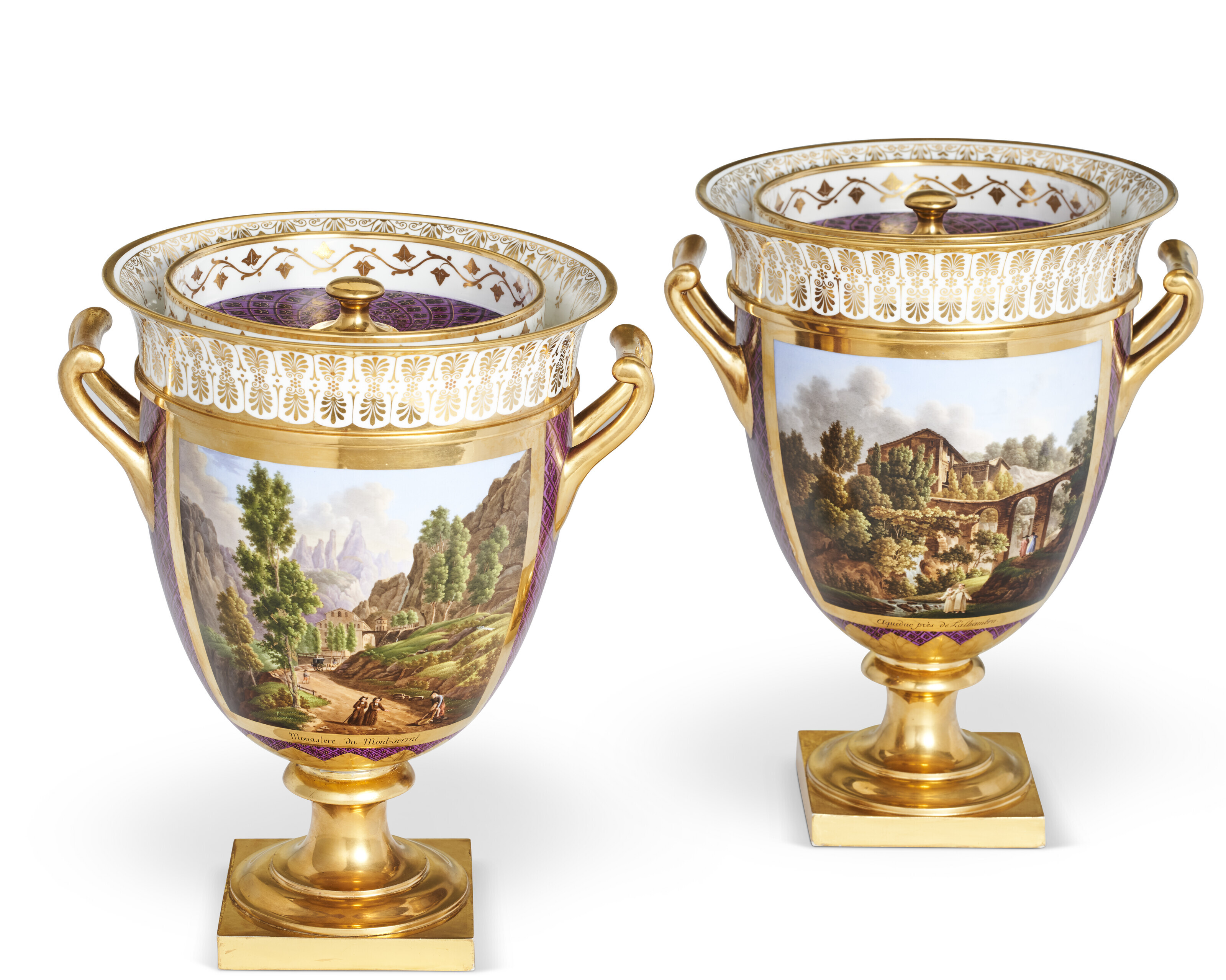 A PAIR OF SEVRES PORCELAIN TOPOGRAPHICAL PURPLE AND GOLD GROUND
