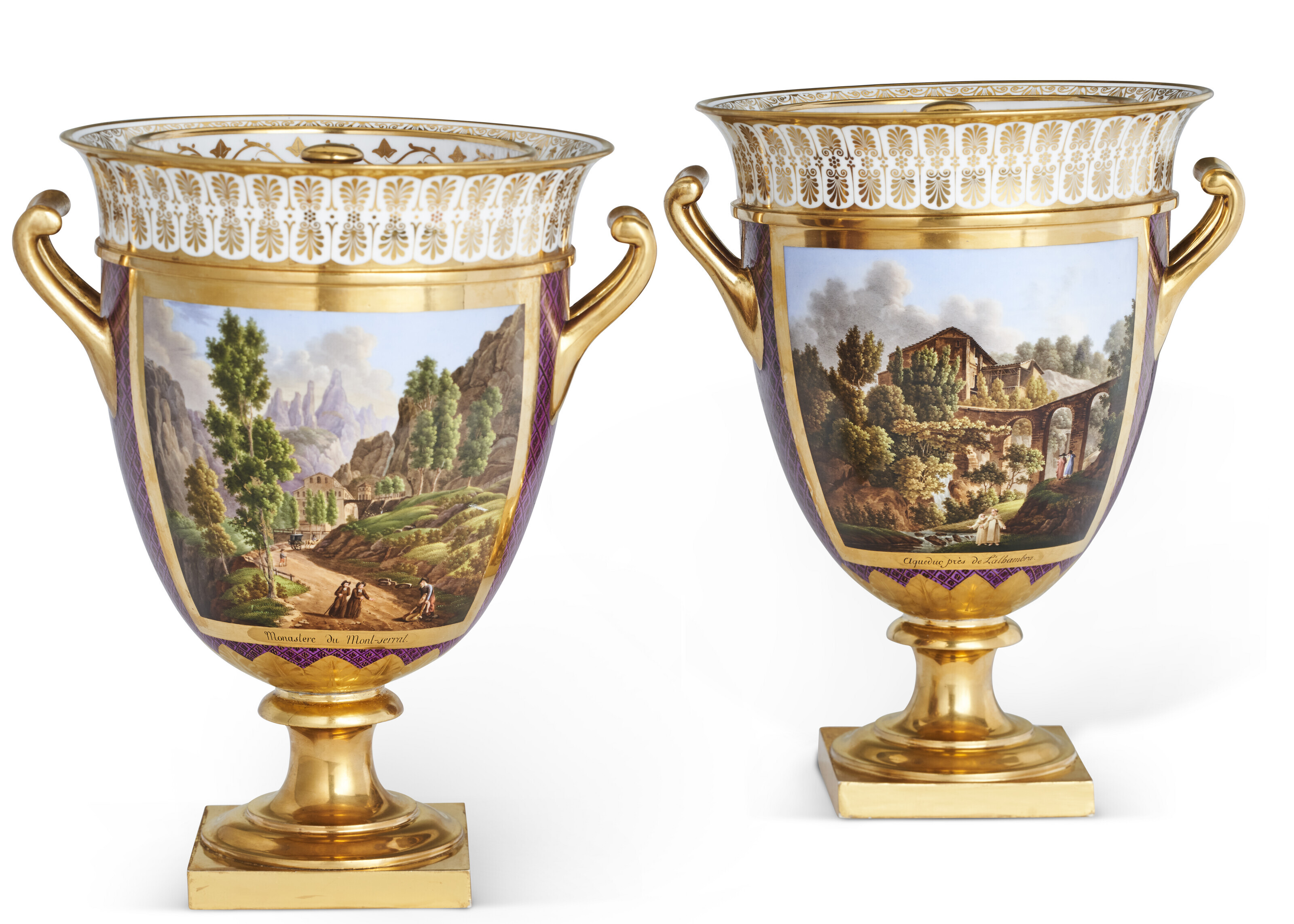 A PAIR OF SEVRES PORCELAIN TOPOGRAPHICAL PURPLE AND GOLD GROUND