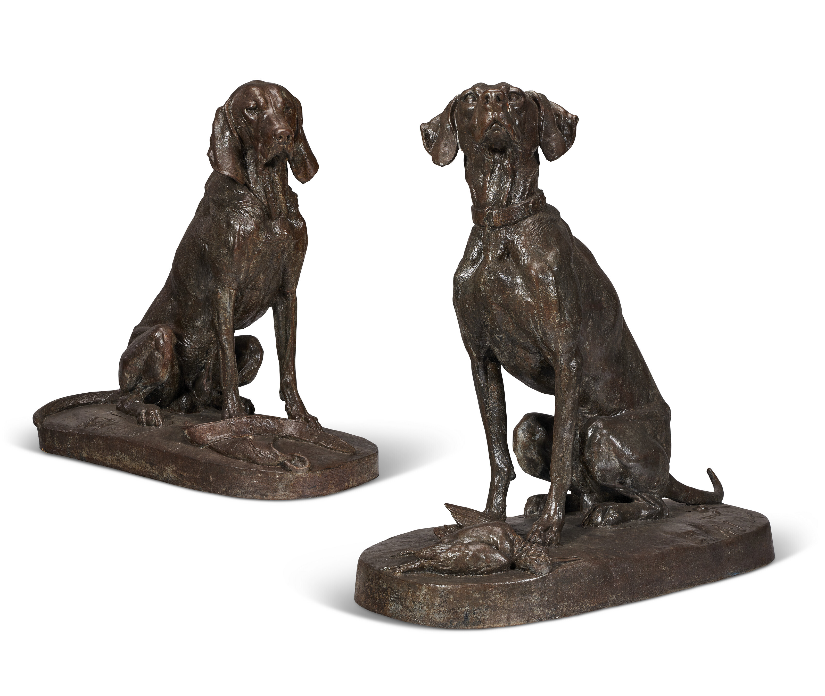 Henri-Alfred-Marie Jacquemart (1824-1896), Paire de Chiens de chasse (Pair of hunting dogs).&nbsp;Cast iron. Dog with harness: 37&frac12; in (95.25 cm)
Dog with bird: 38 in (96.5 cm). Sold for $35,280 in The Collector: English &amp; European Furniture, Ceramics, Silver &amp; Works of Art on 23 September 2022 at Christie&rsquo;s Online