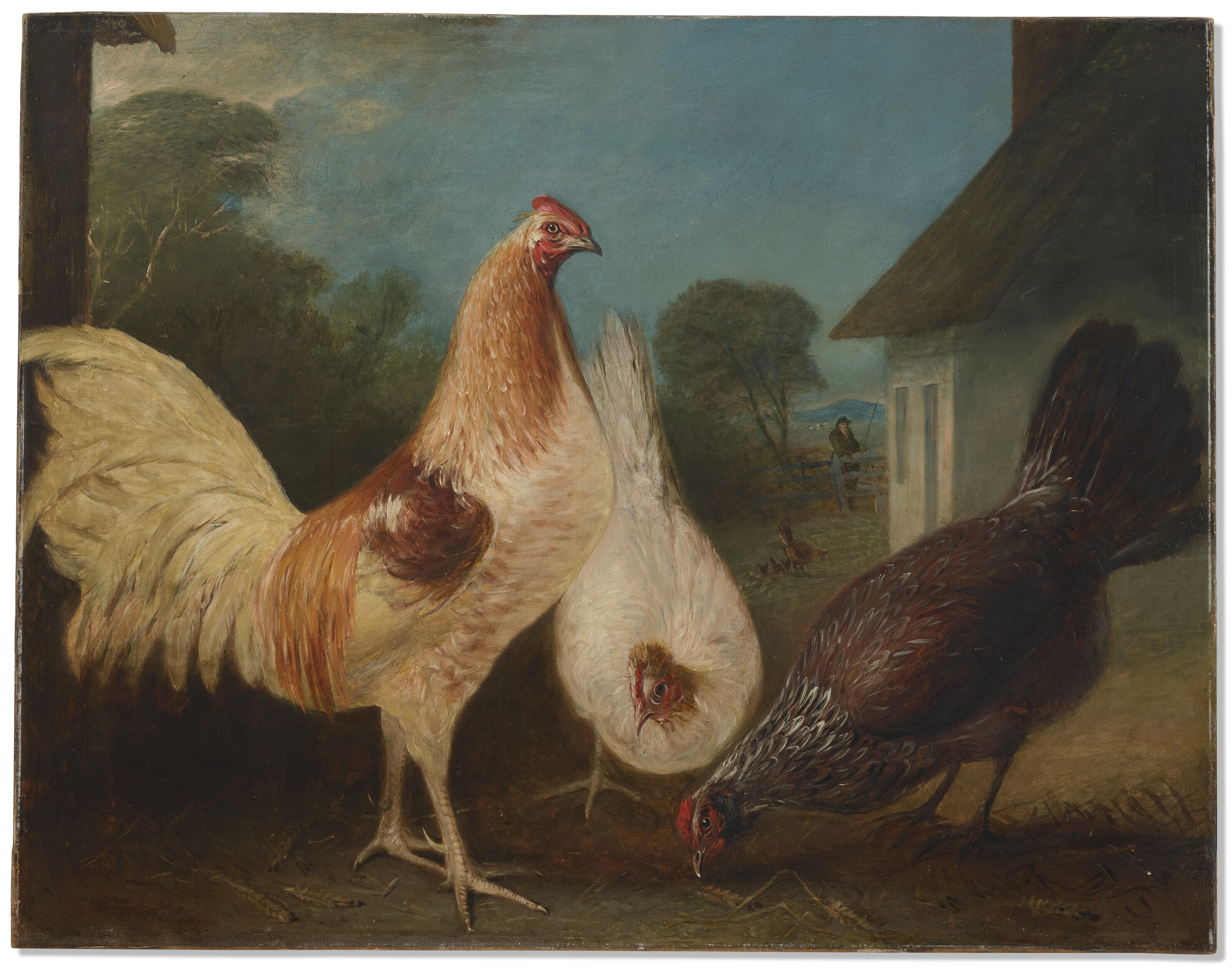 John Ferneley, Sr. (1782-1860), Chickens in a barnyard, 1830. Oil on canvas. 28 x 35&frac34; in (71.1 x 90.7 cm). Sold for $8,190 in The Collector: English &amp; European Furniture, Ceramics, Silver &amp; Works of Art on 23 September-7 October 2022 at Christie&rsquo;s Online