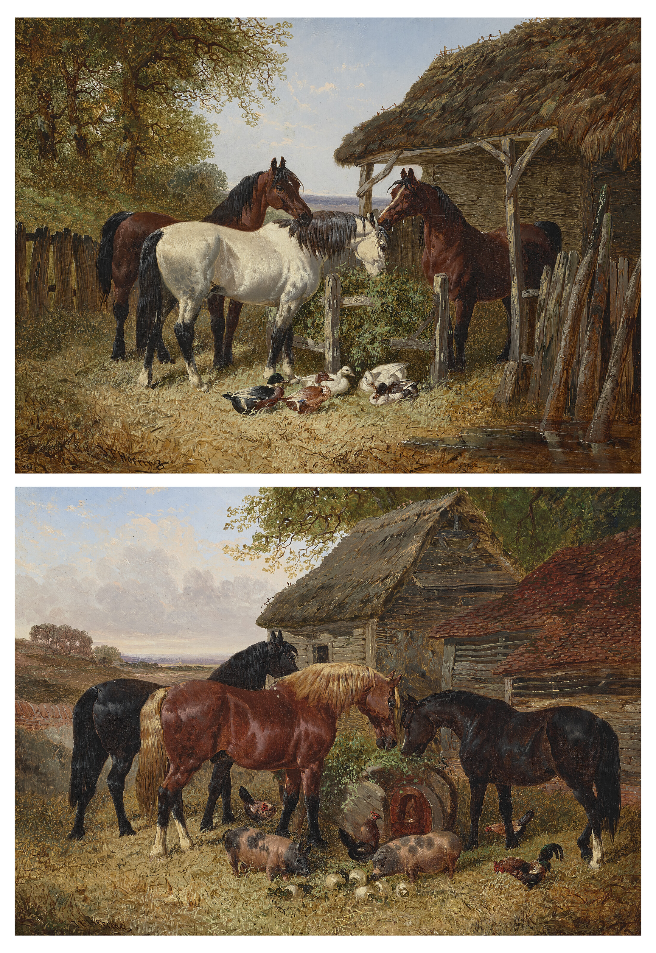 Catalog image of A pair: Horses and ducks in a farmyard, and Horses and pigs in a farmyard