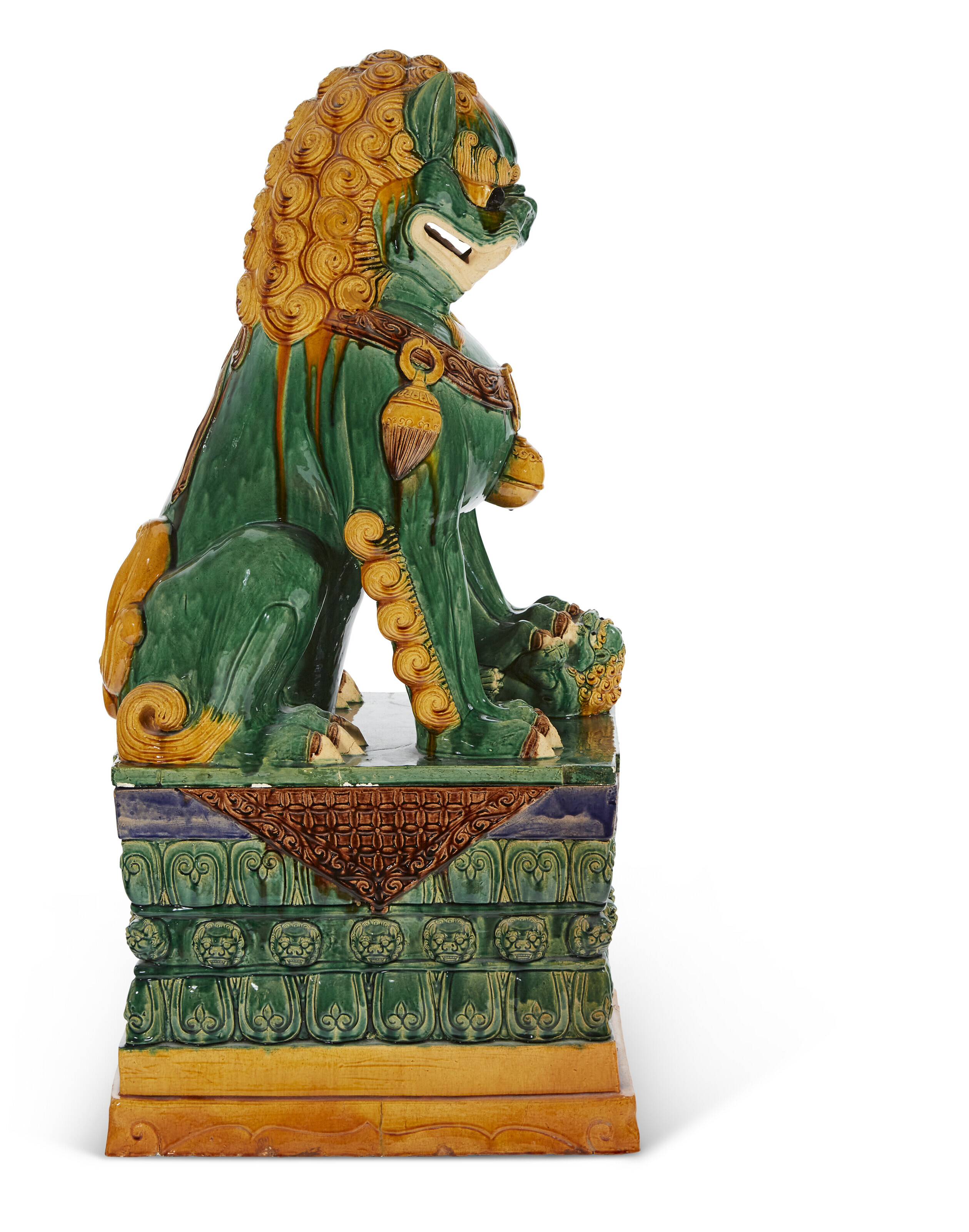 A MASSIVE PAIR OF CHINESE CERAMIC BUDDHIST LIONS ON STANDS, MODERN