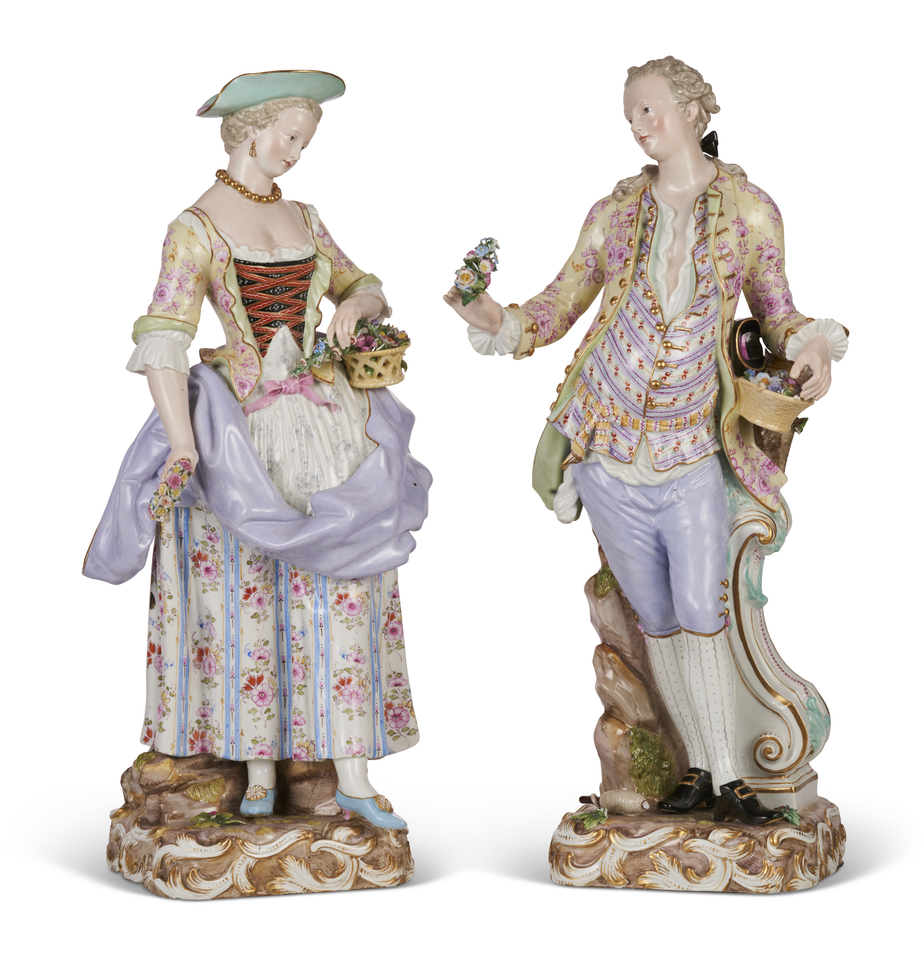 A VERY LARGE PAIR OF MEISSEN PORCELAIN GARDENER FIGURES
