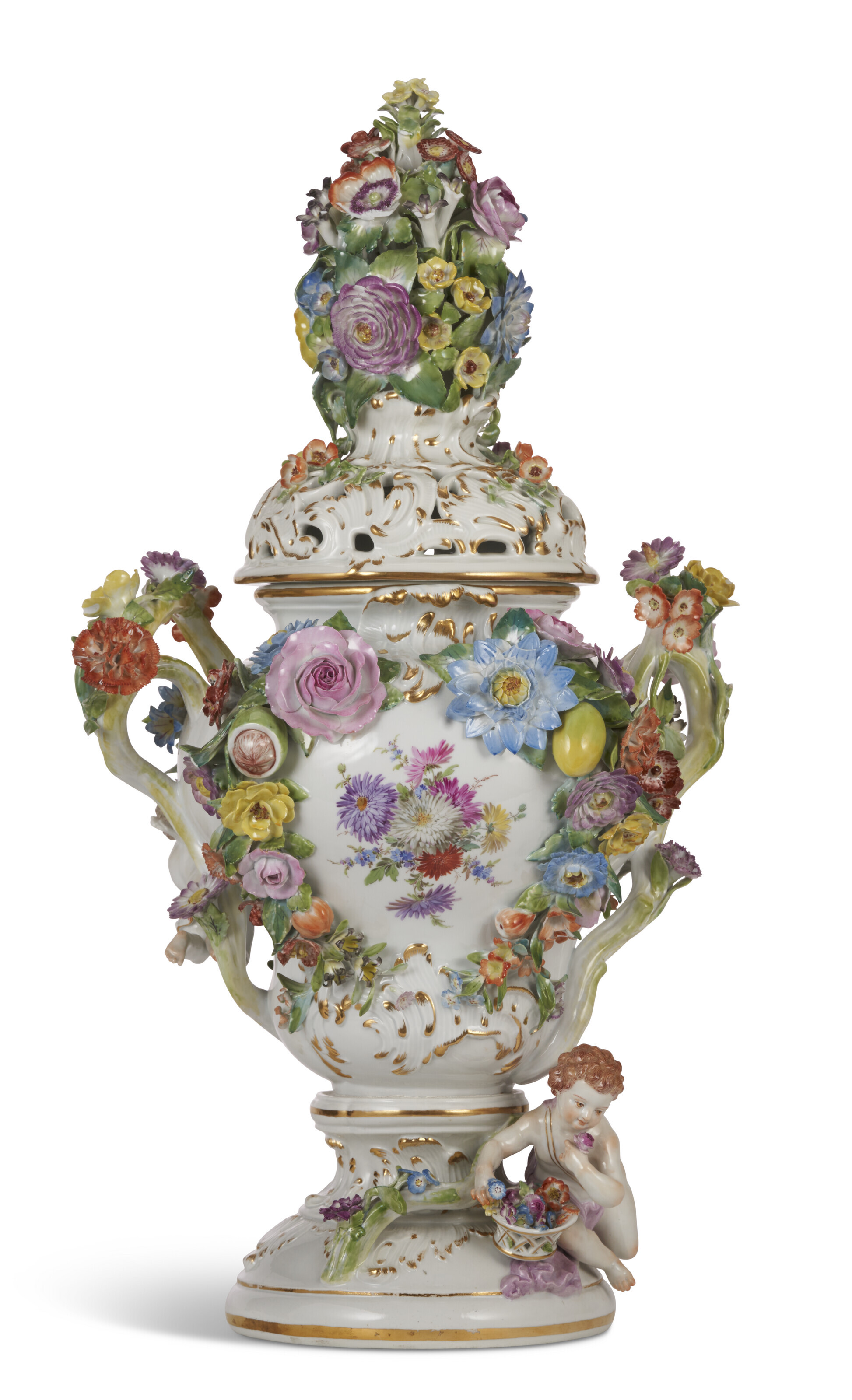 A LARGE MEISSEN PORCELAIN FLOWER-ENCRUSTED POT-POURRI VASE AND