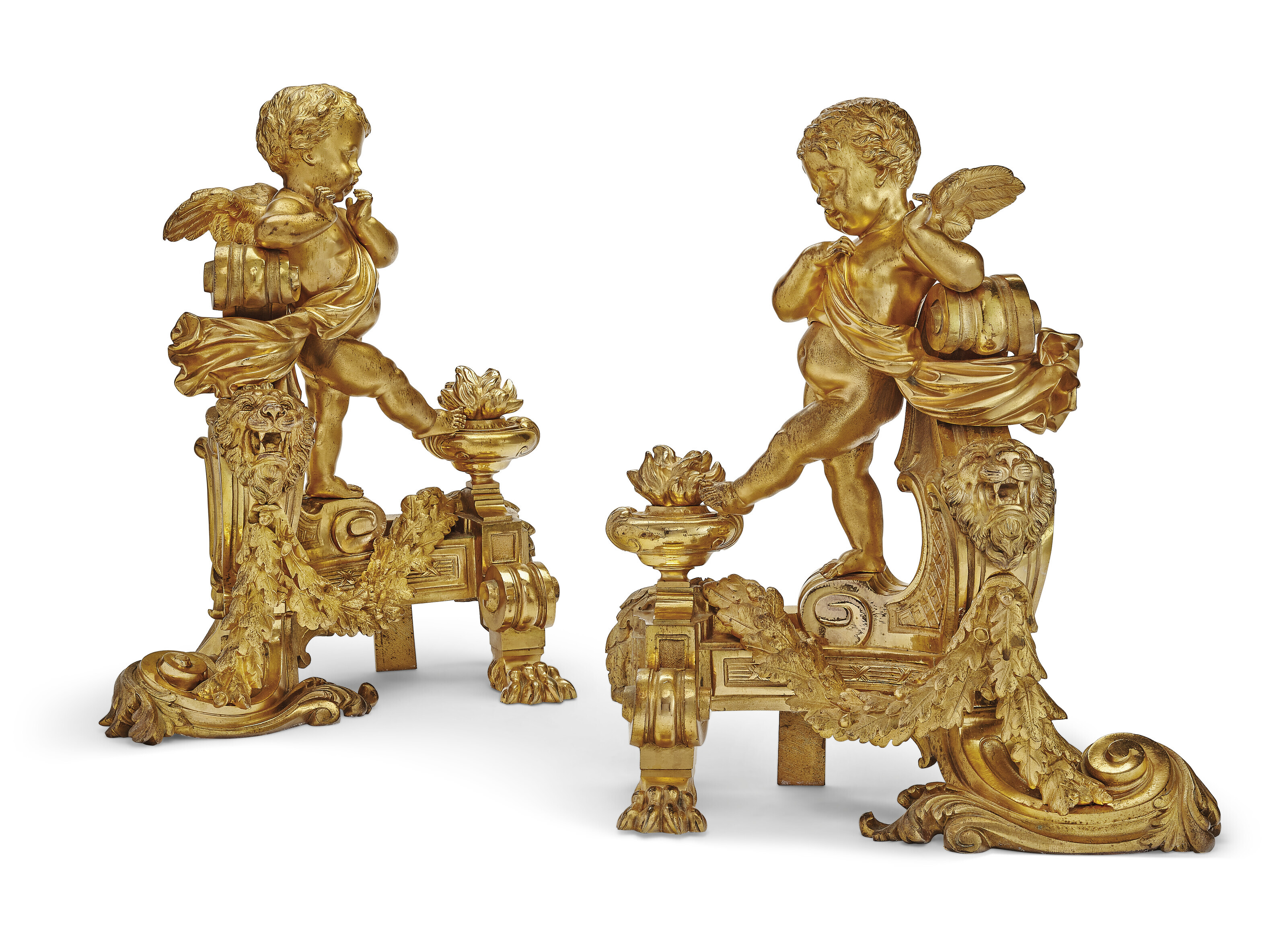A PAIR OF FRENCH ORMOLU FIGURAL CHENETS, CAST FROM MODELS BY FREDERIC ...