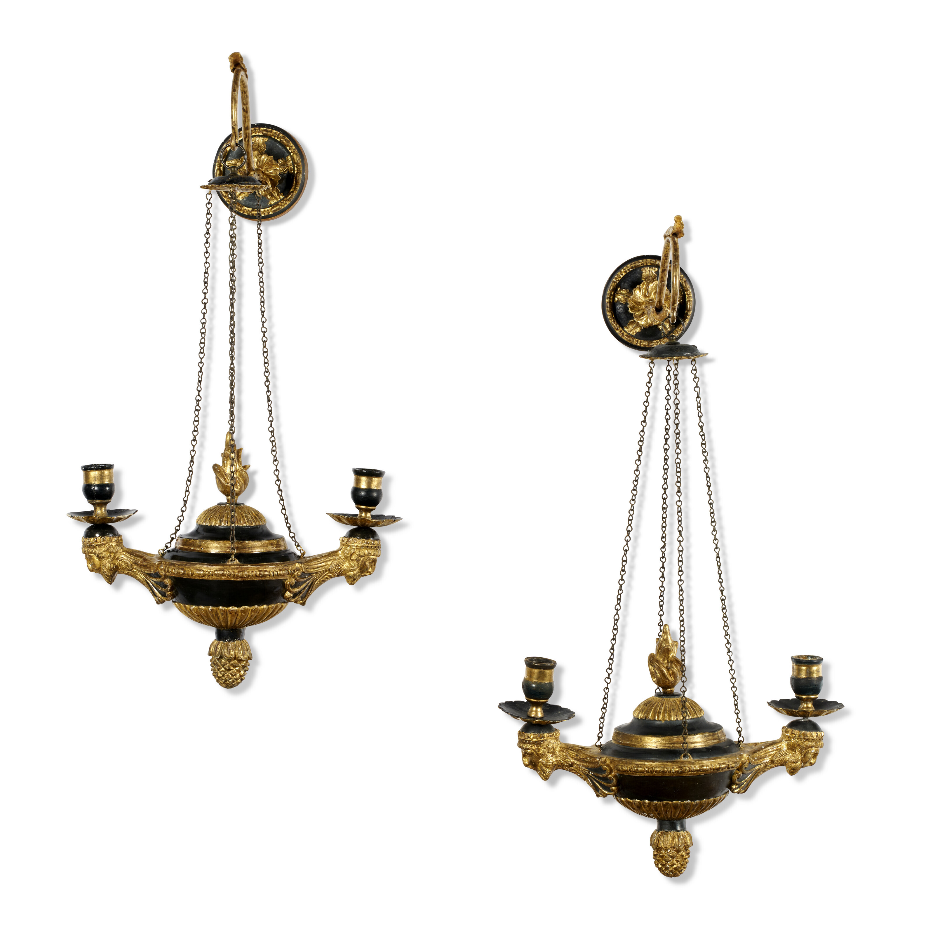 A PAIR OF NORTH EUROPEAN GILTWOOD AND BRONZED TWOLIGHT HANGING WALL